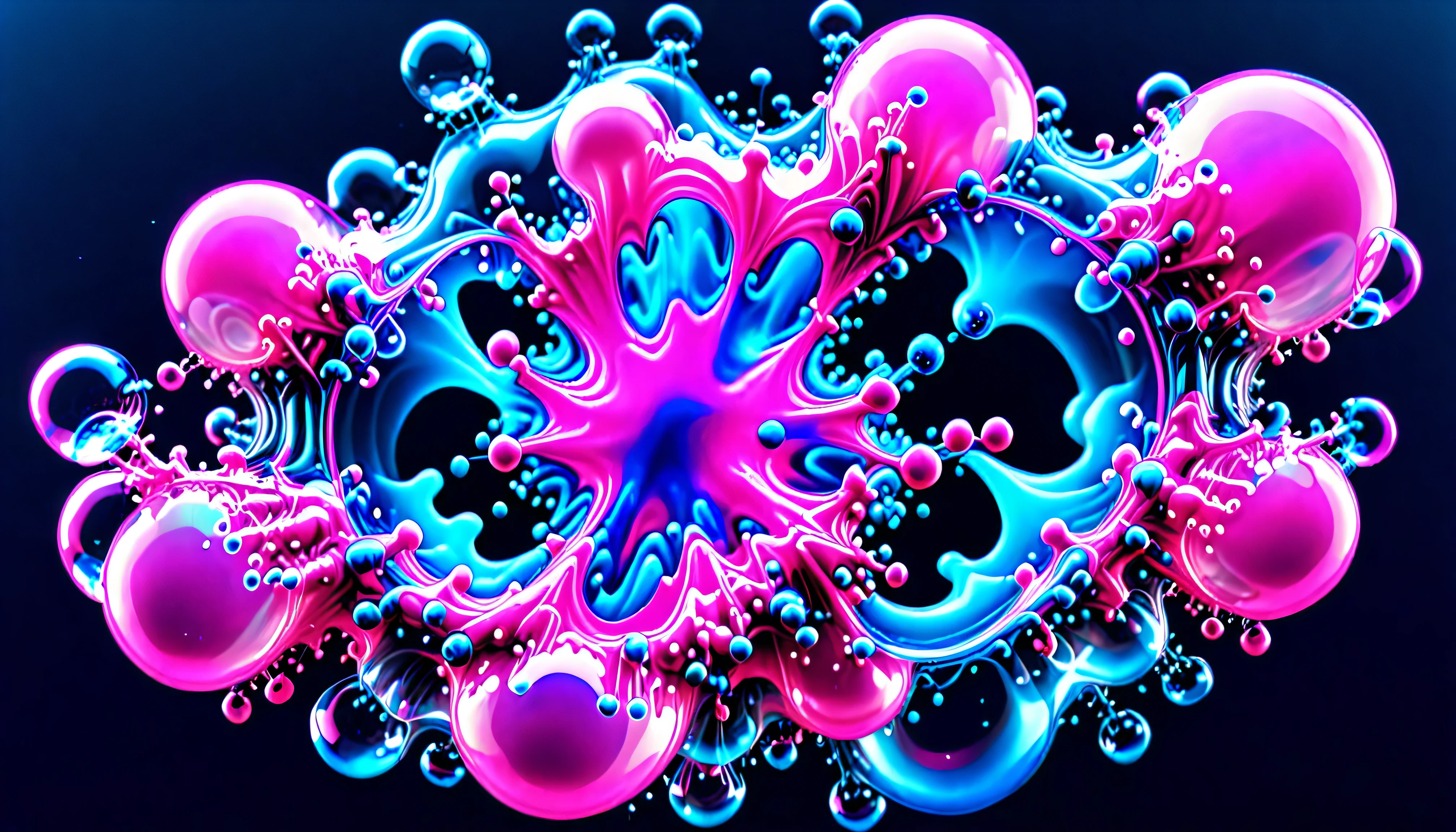 Bullet Time Effect, #Disassemble 3d , Slow Motion,  from vibrant fluorescent blue to fluorescent pink  # fractal liquid cloud edge is only a line spherical internal soap bubble bursting explosion depth,  major,  ink in water ,  visual effects ,  Center, Soft Lightning , 8K,  extremely detailed, 