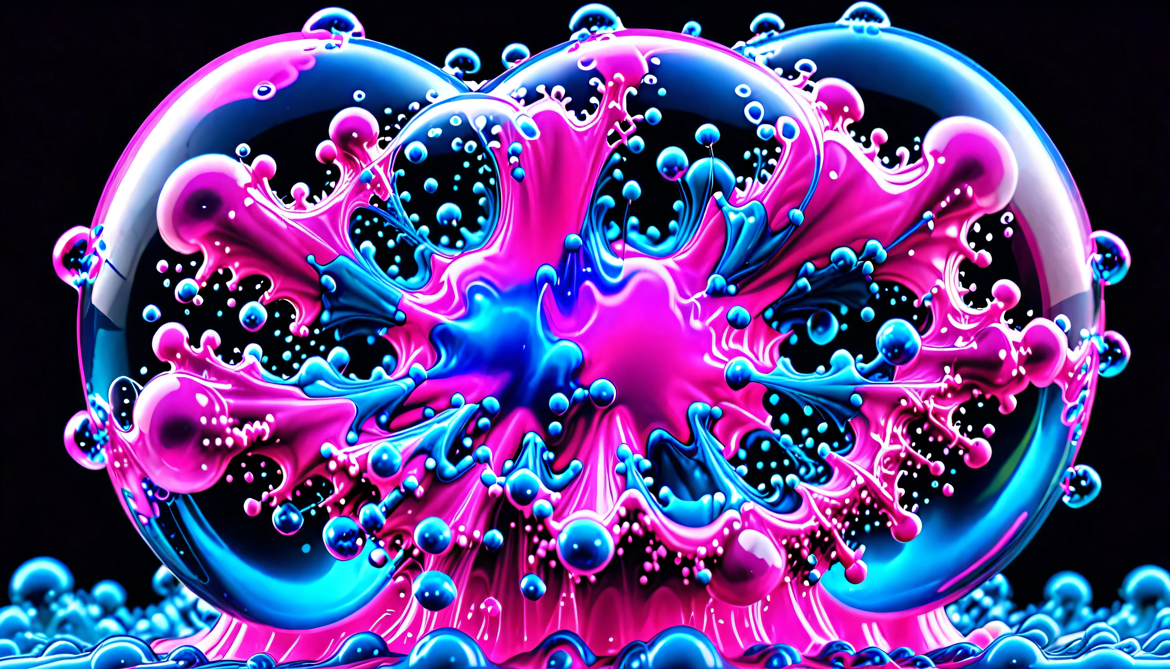 Bullet Time Effect, #Disassemble 3d , Slow Motion,  from vibrant fluorescent blue to fluorescent pink  # fractal liquid cloud edge is only a line spherical internal soap bubble bursting explosion depth,  major,  ink in water ,  visual effects ,  Center, Soft Lightning , 8K,  extremely detailed, 