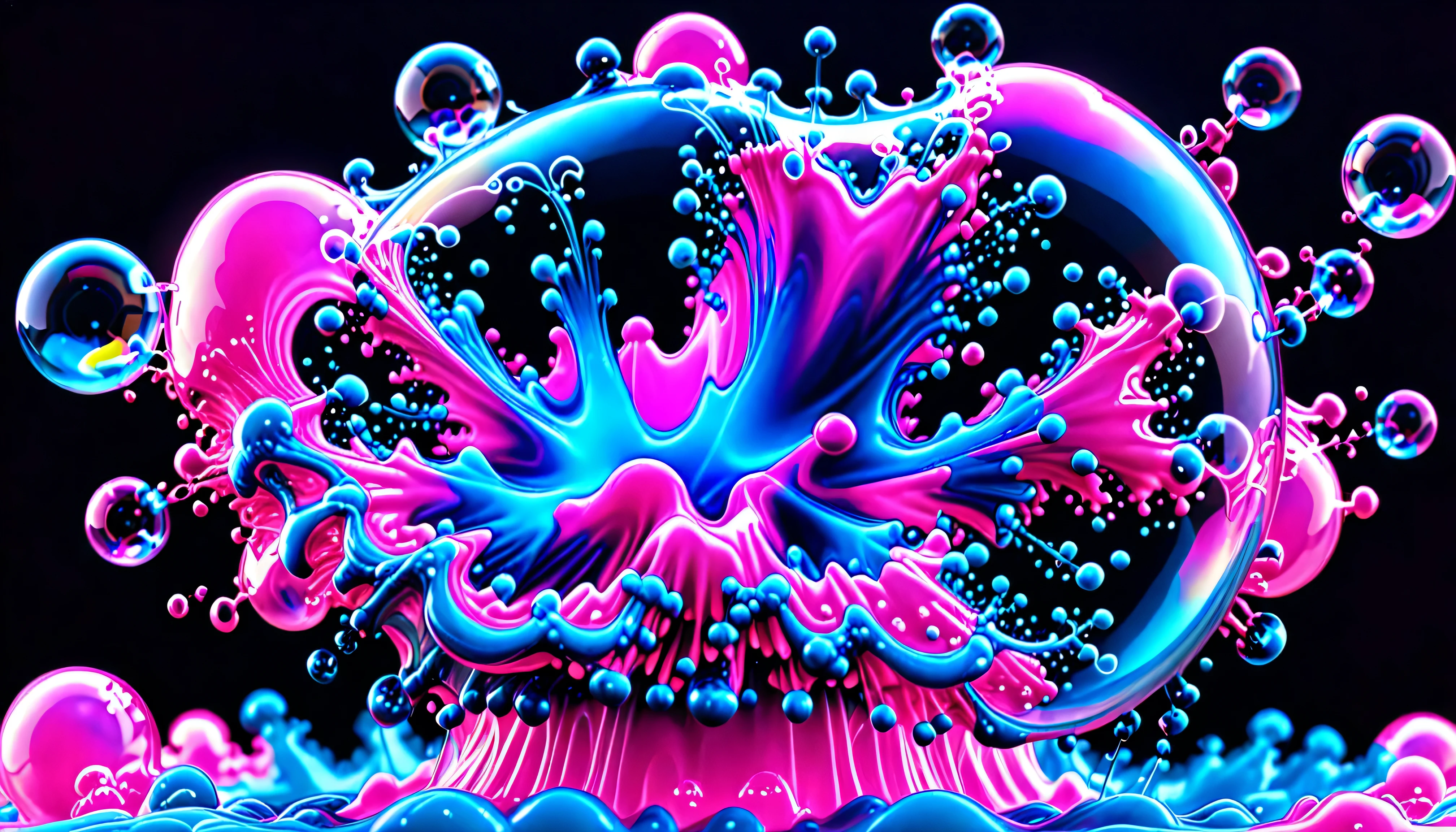 Bullet Time Effect, #Disassemble 3d , Slow Motion, from vibrant fluorescent blue to fluorescent pink # fractal liquid cloud edge is only a line spherical internal soap bubble bursting explosion depth, major, ink in water , visual effects , Center, Soft Lightning , 8K, extremely detailed,