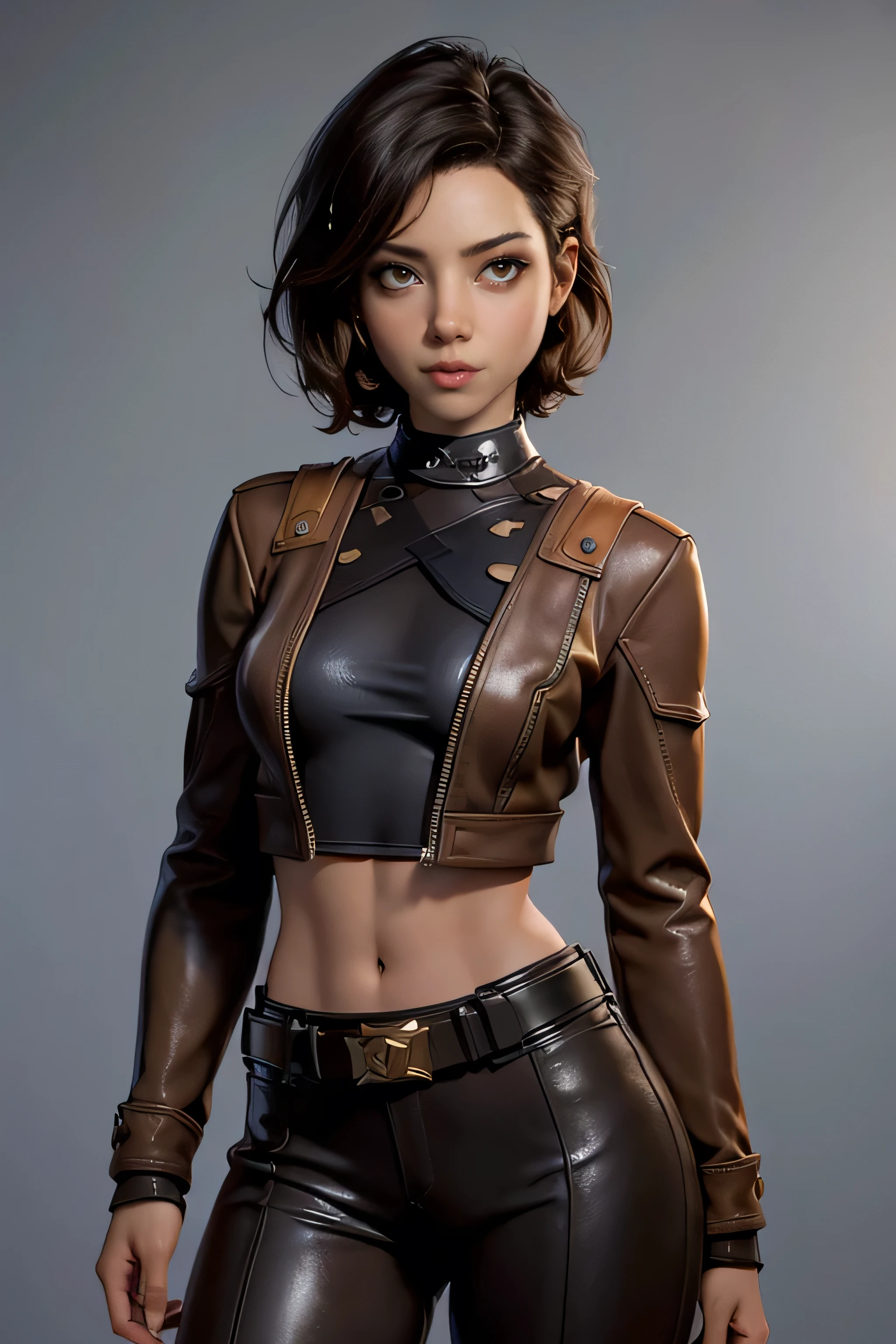 Star Wars , short hair , brown eyes, confident, decided, firm stance, confident expression, female smuggler wears tight brown leather leggings with belt, masterpiece , super detail, lyrics, composition epic character, natural lighting , sharp focus, ultra resolution , plain white background , without patterns, No textures.