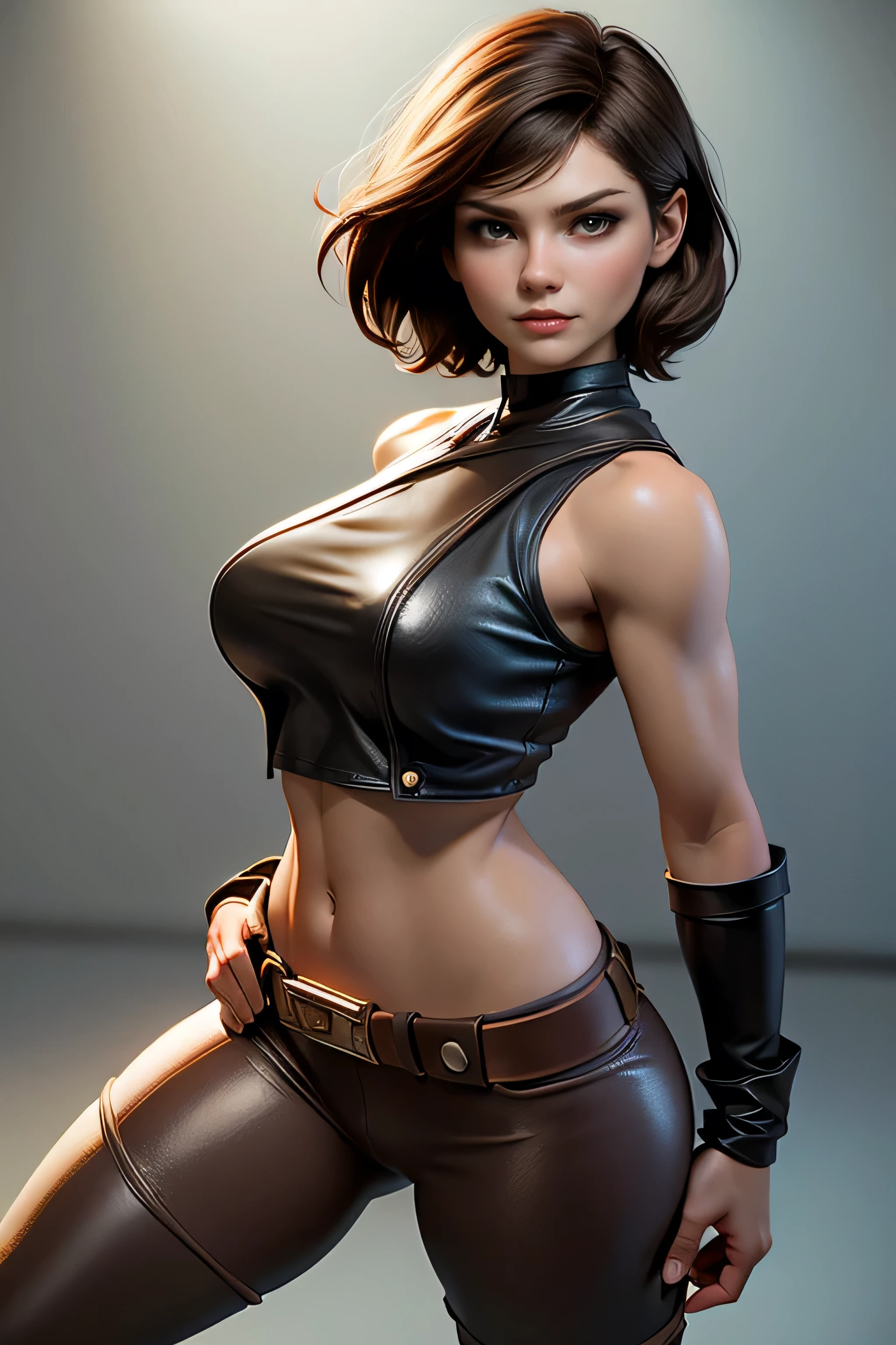 Star Wars ,  short hair , brown eyes, confident, decided, firm stance, confident expression,  female smuggler wears tight brown leather leggings with belt,  masterpiece , super detail,  lyrics,  composition epic character,  natural lighting ,  sharp focus,  ultra resolution ,  plain white background , without patterns, No textures.