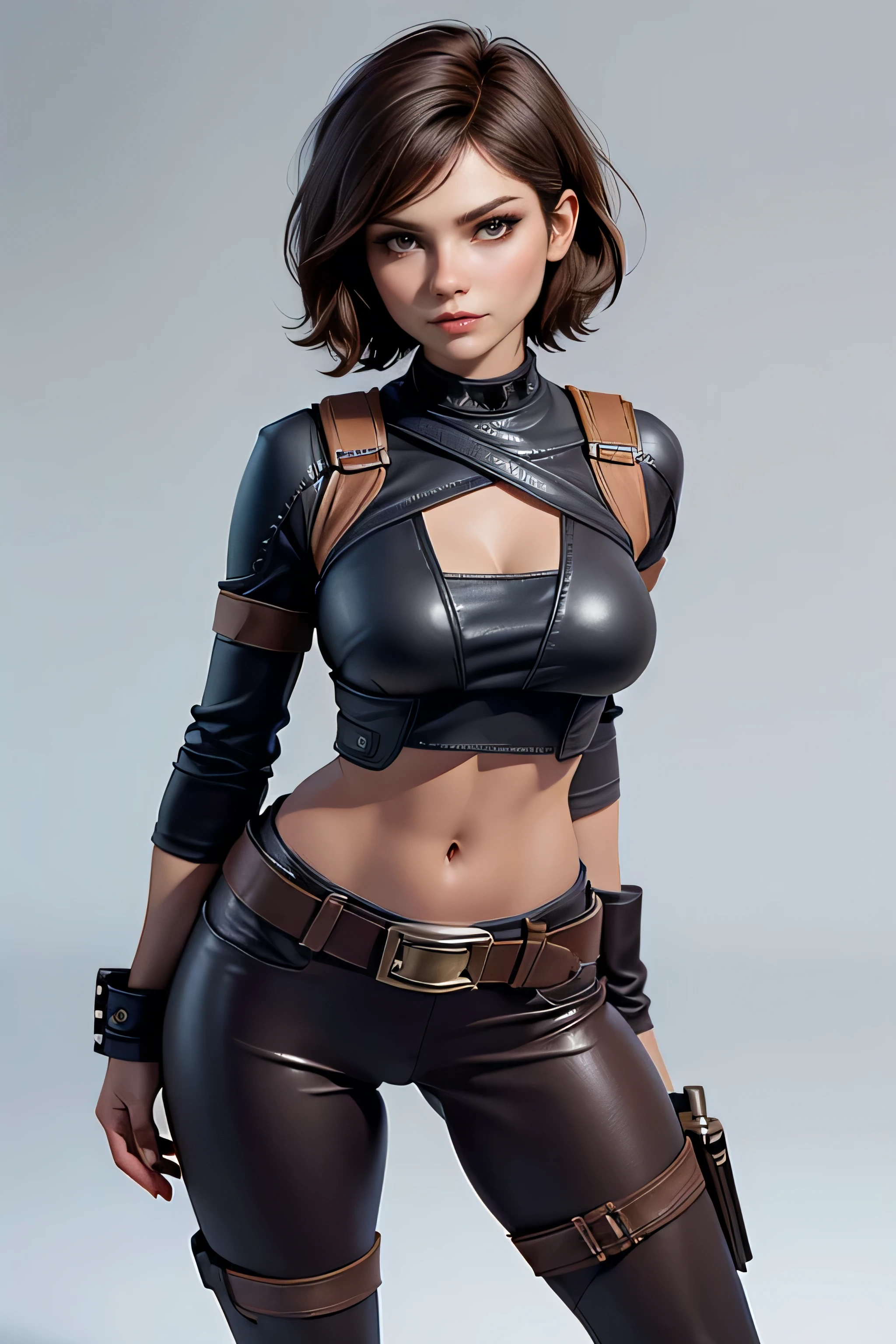 Star Wars , short hair , brown eyes, confident, decided, firm stance, confident expression, female smuggler wears tight brown leather leggings with belt, masterpiece , super detail, lyrics, composition epic character, natural lighting , sharp focus, ultra resolution , plain white background , without patterns, No textures.
