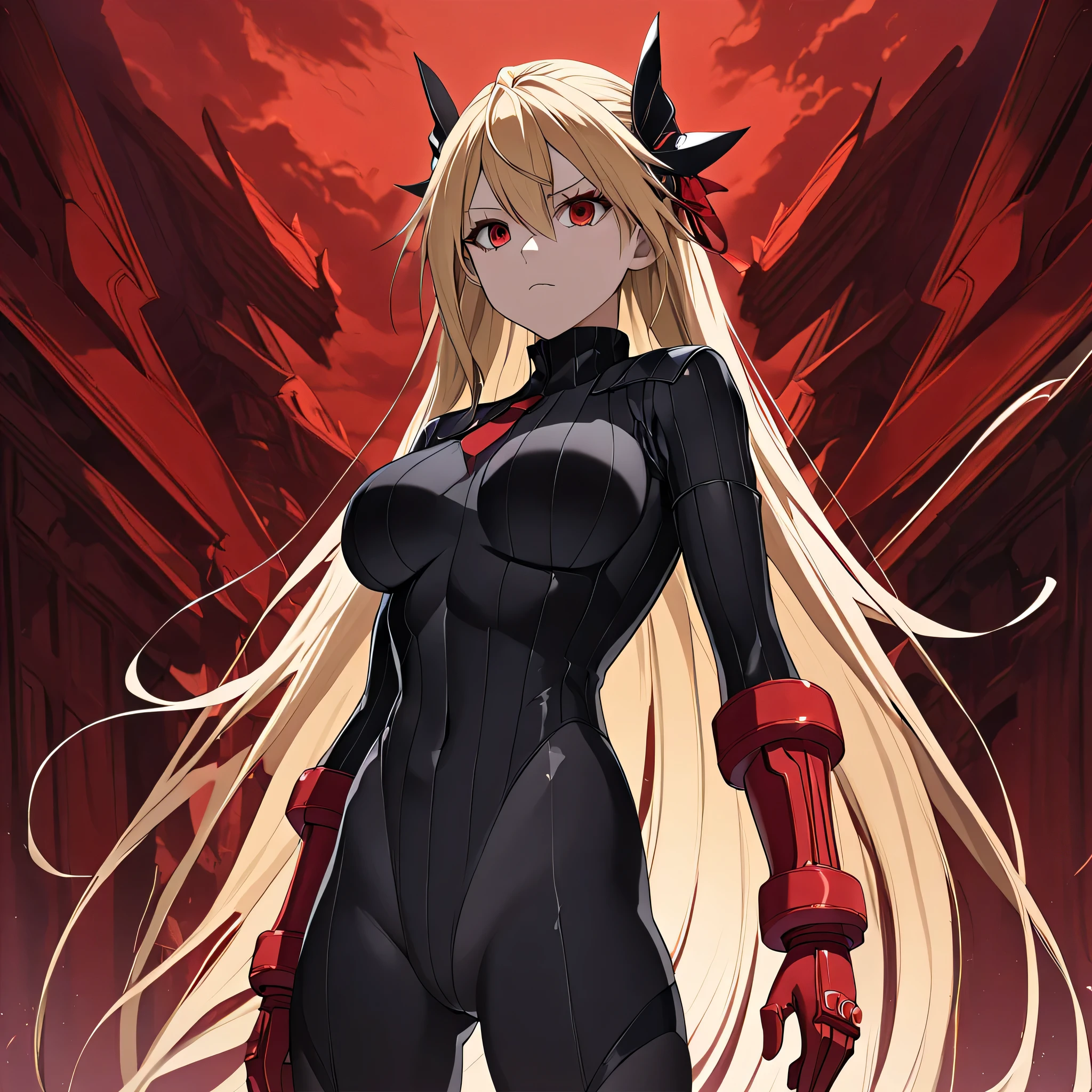 anime, (masterpiece), (best quality), (ultra-detailed), (best illustration), (best shadow), (absurdres), (detailed background), (very aesthetic), shiny, detailed beautiful eyes, outstanding, countershading, detailed soft lighting, an exquisite animation illustration, 1girl, solo, anheang, Dollsuit, thighthigh, dark persona, empty eyes, expressionless, blank eyes, looking at viewer, red gloves, full body, emotionless, Fighting Stance, hair ornament, hizuki reynard-yamada, long hair, blonde hair, red eyes, red sky, cloudy sky, large breasts,
