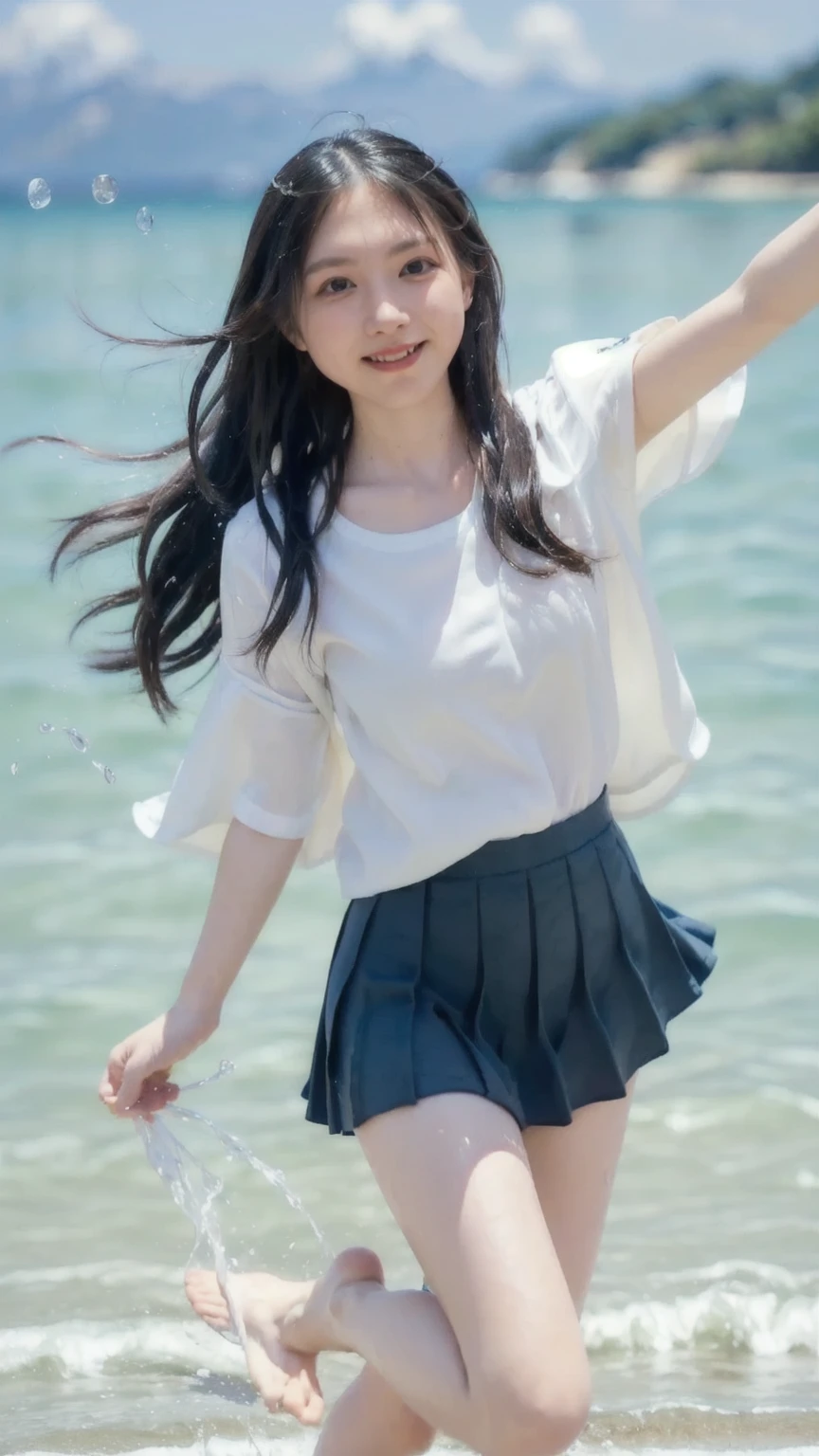 Highest quality, masterpiece, Ultra-high resolution, Japanese , high school,16 years old ,skirt lift, small breasts, under a wet transparent white shirt, a wet transparent light blue mini skirt , touch pussy, pussy juice, masturbation , conversation, smile, beach, hard rain