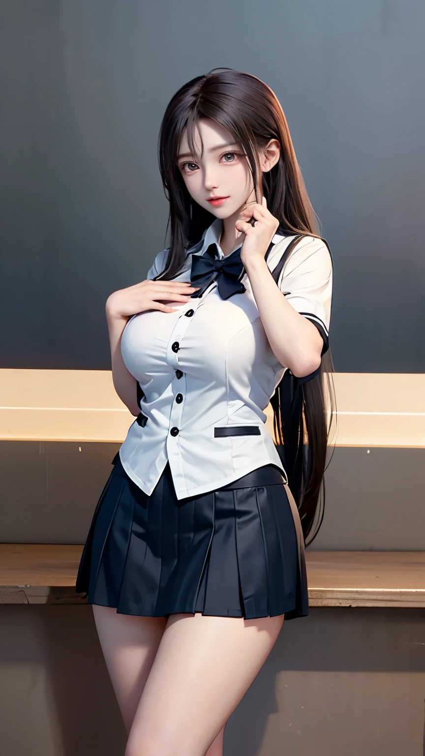 (8k, RAW photos, top quality, masterpiece: 1.2), (realistic, photorealistic: 1.37), (High Quality), (Ultra realistic), (High Details), (Face detail), (Shadow Detail), (big breast : 1.7), wide hips, big butt, 1 girl, solo, black hair, white and black shirt, red short skirt