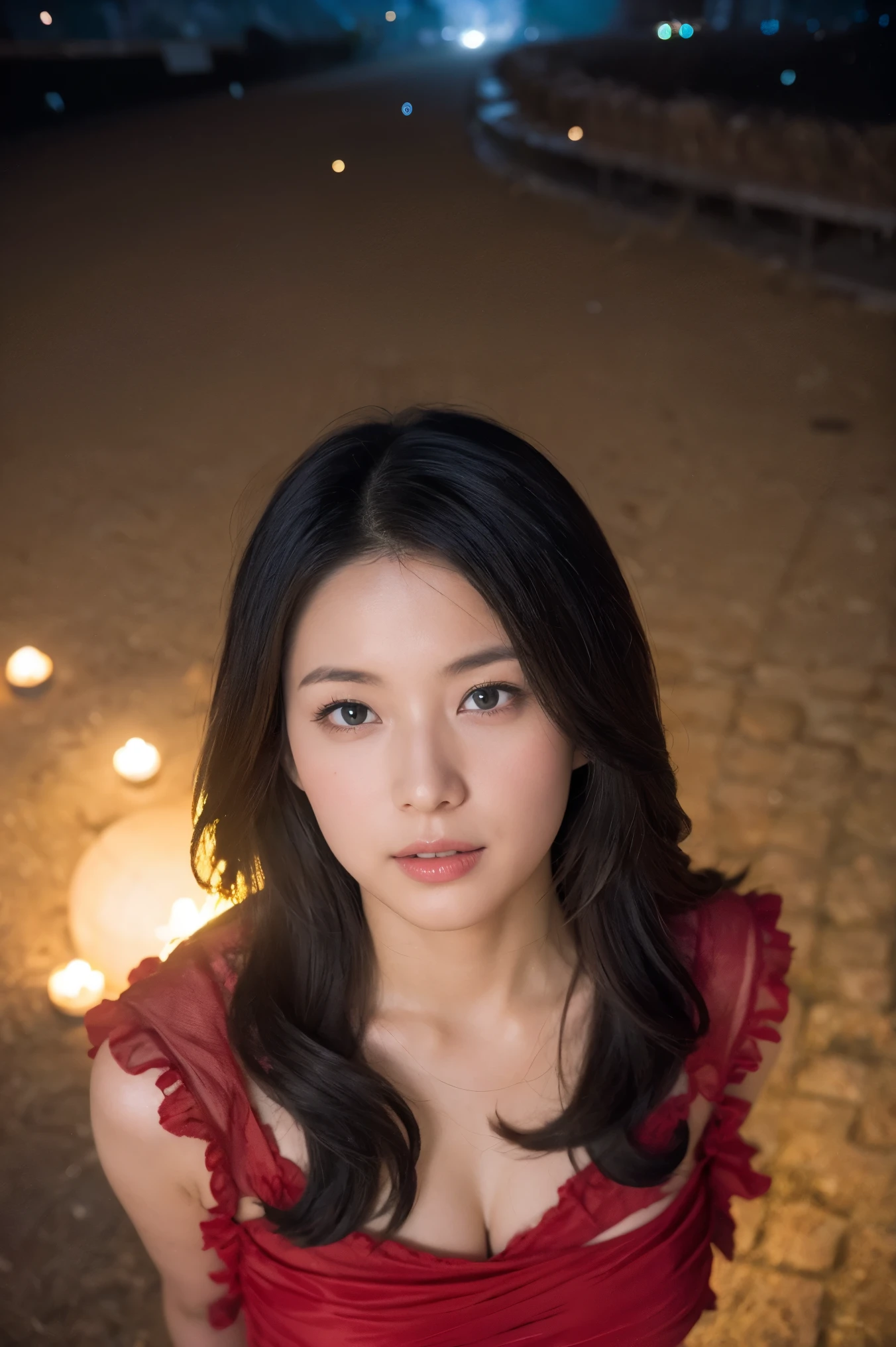 8k resolution, Masterpiece, best quality , Award-winning work , unrealistic, from above, the only sexy woman, healthy shaped body, 22 years old, Black Mage, Height: 165cm, big firm swaying bust,, Silvery long wavy hair, Detailed facial description, break, Mysterious blue eyes, Standard nose, eyeliner, pink lips, Sexy Long Legs , clean skin, holy k knight , Gothic ruffle long dress, A dress with a complex structure, Seven colourful dresses, Engulfed in flames, Royal Crest , elegant , very detailed, Delicate depiction of hair, Miniature Paint , Digital Painting , artステーション, コンセプトart, smooth, sharp concentration, shape, artジャム、 Greg Rutkowski、 Alphonse Mucha、 William Adolphe Bouguereau、art:Stephanie Law , Royal Jewel, nature, Symmetric, Greg Rutkowski, charlie bouwater, unrealisticな, surreal, dynamic lighting , ファンタジーart, Complex colors, Colourful Magic Circle , flash , dynamic sexy pose, Gentle Smile , mystical background , aura, gentle gaze , break, Little Light and Flying Fireflies , knight , lantern, 山の頂 from above下界を見下ろす, Starry Sky, Milky Way, nebula, meteor