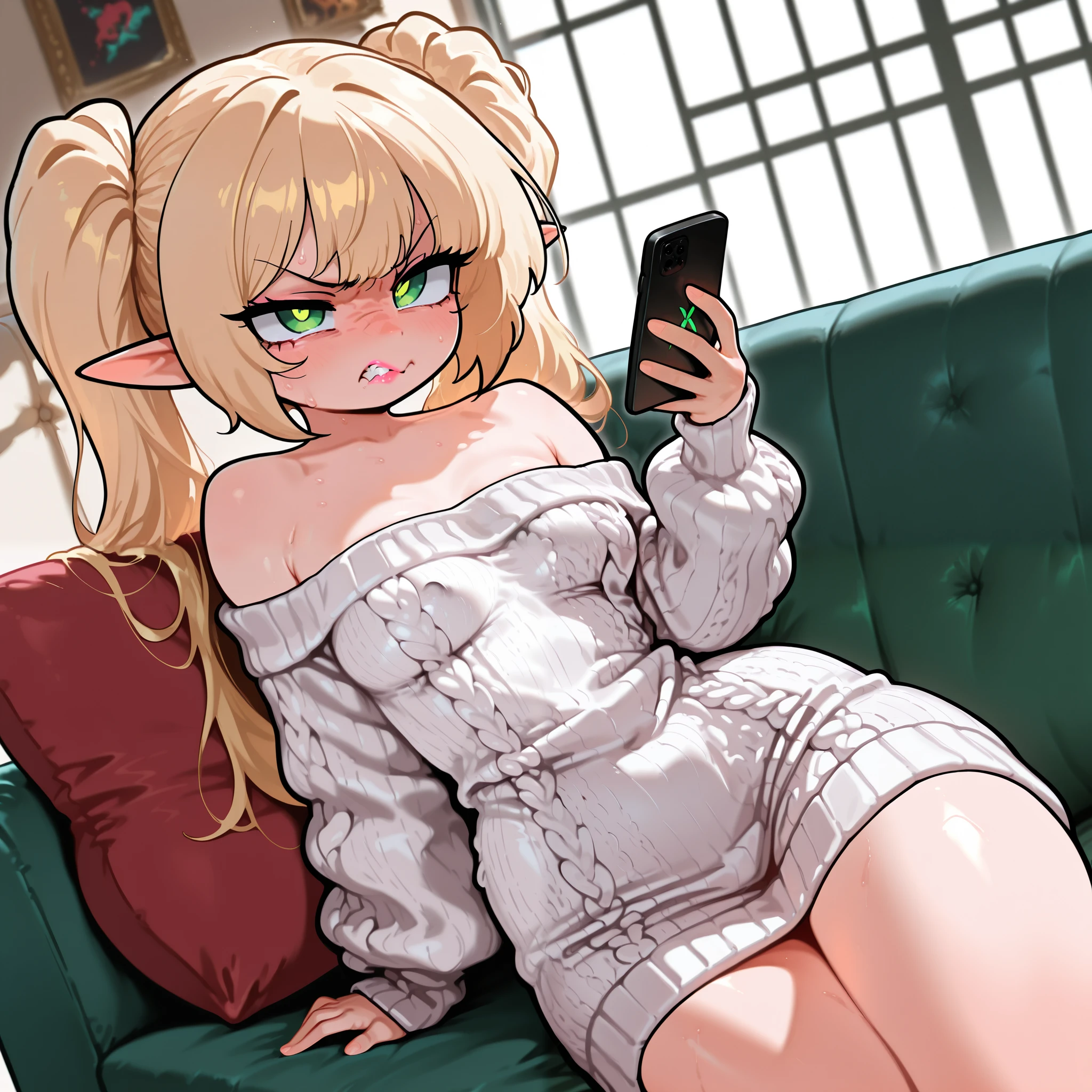 masterpiece, best quality, amazing quality, very aesthetic, absurdres, newest, detailed shading,(dutch angle), sexy, elf, droopy ears, petite, blonde, twintail, angry, small boobs, wide hips, (white off-shoulder knitted sweater), couch, lounging, cellphone, green eyes, pink lips