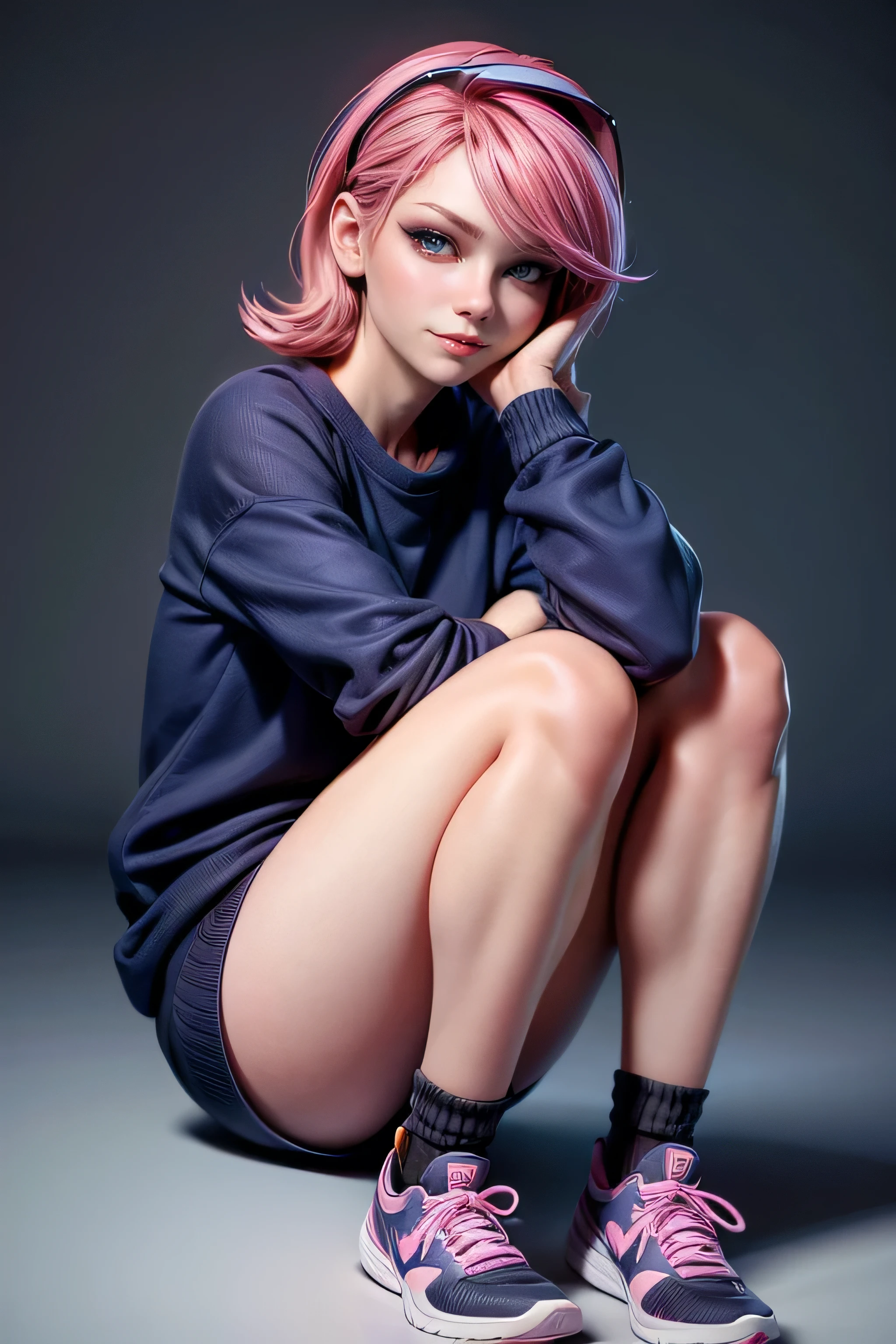 Cute girl with pink hair, blue eyes , seductive pose , seductive smile , looking at the spectator, black sweatshirt, AuriculAres, black socks , sports shoes, masterpiece , super detail, lyrics, composition epic character, natural lighting , sharp focus, ultra resolution , plain white background , without patterns, No textures.