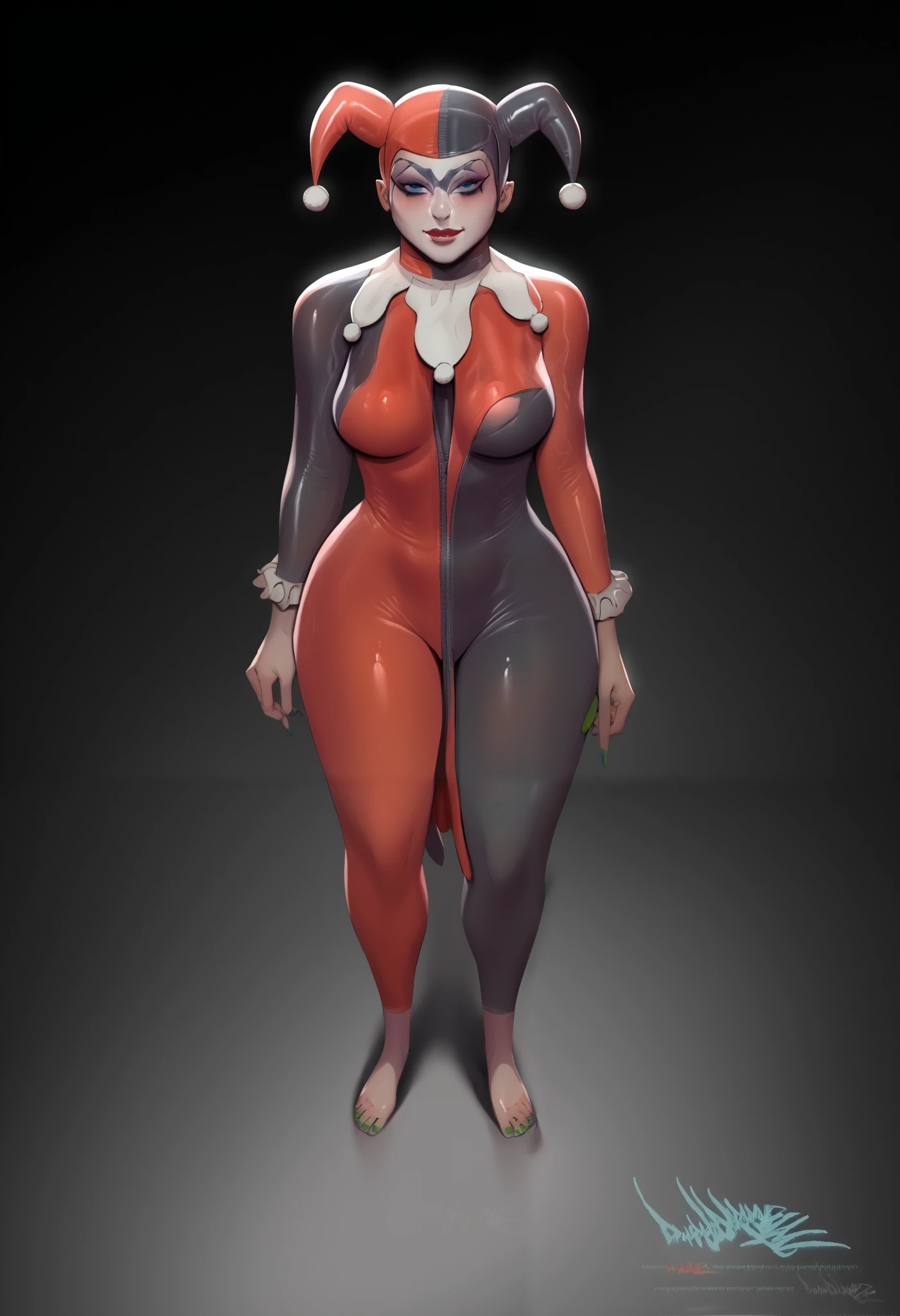 high resolution, masterpiece, high quality, 1 Casinobunny, huge breasts, black bodysuit, black skin, ((strapless red leotard)), wasp-waisted, ((faceless, silvermask covering face and eyes)), red fishnets over black tights, red bunny ears, ((full body, high heels)), tomboy, midriff, cutout, (dark skin), choker, sunglasses on forehead, ahoge, piercings, toned, short brown hair 