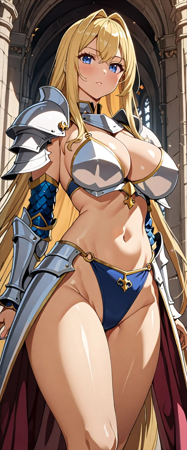 Very detailed、Highest quality、Best image quality、masterpiece、8k、(shoulder-length blonde hair:1.5、Medium Long Hair)、(smile、Open Mouth) 、(Hilarious)、(Big eyes)、(Beautiful and shining eyes)、(Detailed anime eyes)、(Puffy eyes)、(Big Breasts:1.8、necklace)、((SFW Huge Body:1.3、topless:1.5、only breasts are in full view :1.5、bare breasts:1.5 、bare nipples:1.5、 thick nipples、erection of nipple、pepperoni nipple))、(knight armor、Wearing white bikini armor:1.5、High leg leotard、Arm Armor、Leg armor:1.5、armor on the waist:1.5、Waist belt:1.5、Put on a helmet:1.5)、(Cowboy Shot)