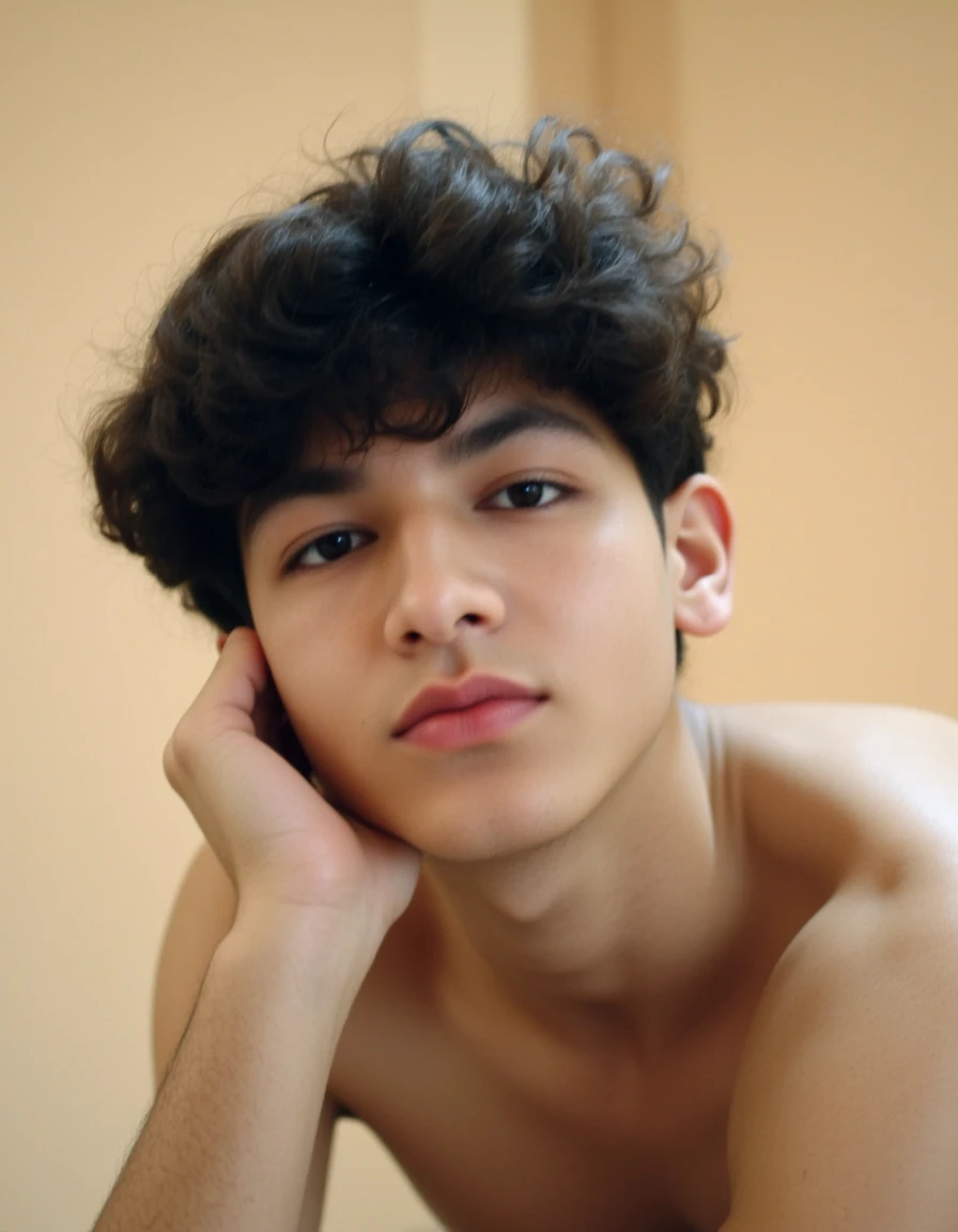 Brazilian bisexual 15-year-old man with curly hair shaved on the sides but not at the back of the head, thin self with pimples and thick eyebrows 