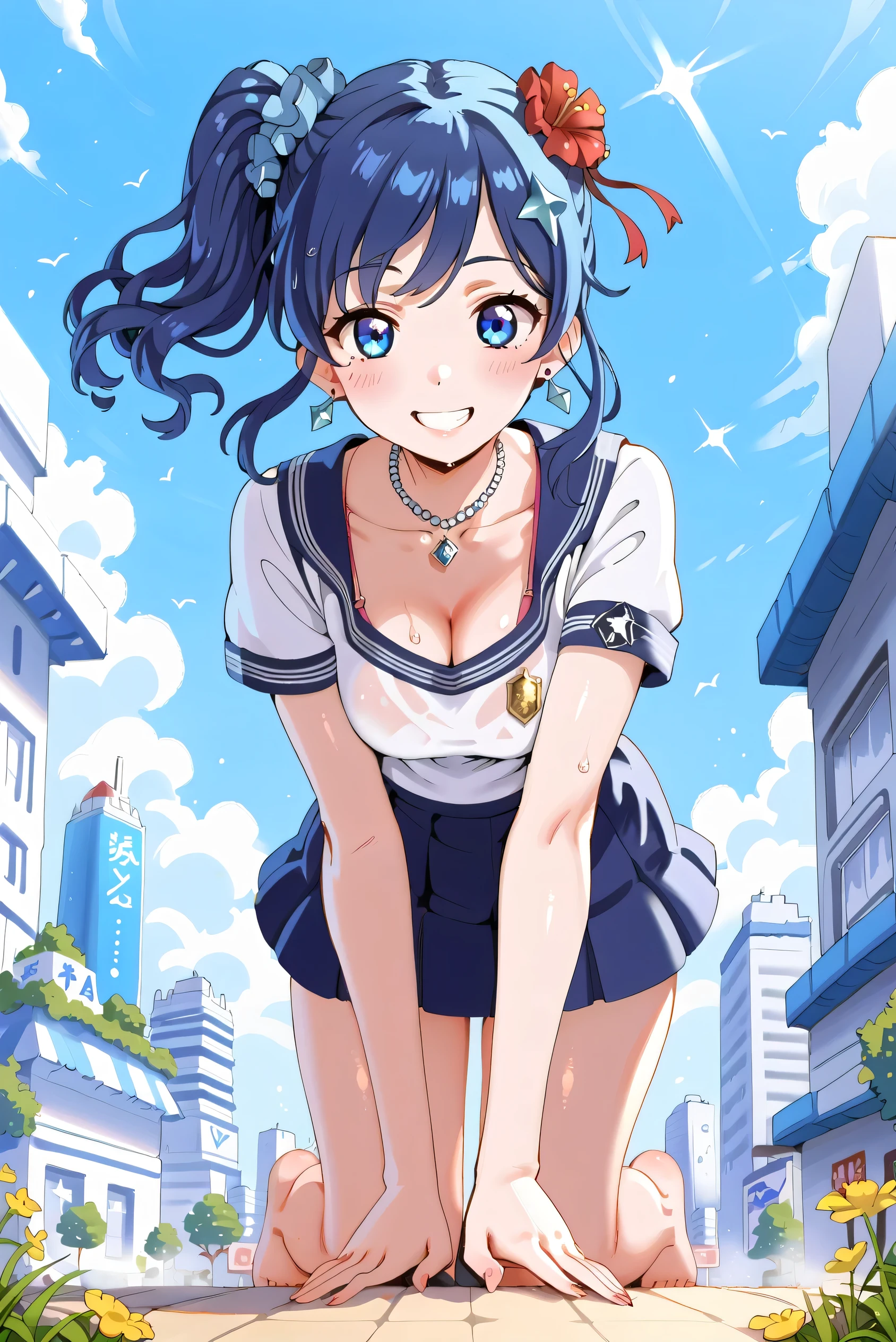 KIRIYA AOI, 1 girl, 18 years old, blue hair, side ponytail, blue eyes, hair ornament, flower ornament, perfect hands, perfect fingers, perfect anatomy, masterpiece, top quality, realistic, surreal, 16k hdr , earrings, (no bra, white shirt, uniform: 1.2) ), outdoors, blue sky, strong wind, from below, (smile), dynamic pose, cleavage, (sweat: 1.2), (leaning forward), kneeling: 1.3), necklace