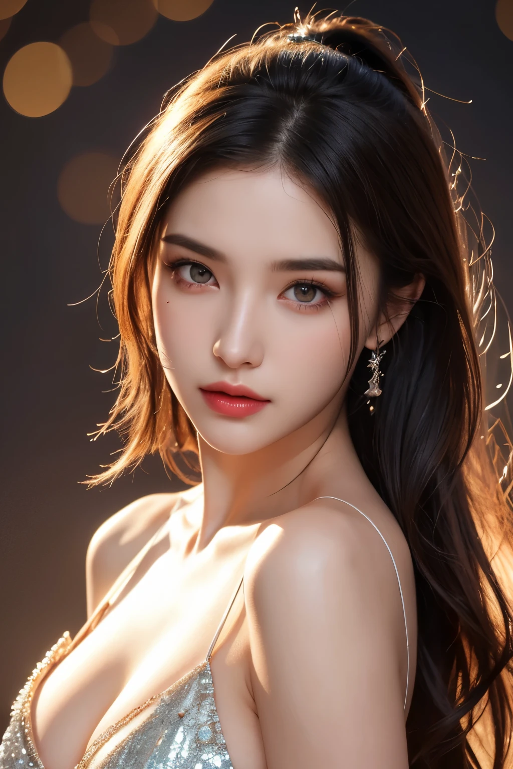 High-quality work,Realistic works,Super premium graphics,8K HD CG works,high quality graphics,High-definition and exquisite CG works,10x pixels,Ultra-fine details:1.1,Advanced technical details:1.1Realistic photo effects,Interior lighting effects:1.5,natural soft light:1.5. Light effect(Virtual light effects:1.8),ultra high resolution,shining dress,sliver long hair,silber hair,transparenthair,high detailed hair(Quality hair details:1.1)Clear eyes,Double eyelids look good,Sharp eye makeup, Create exquisite eyelash makeup, tthin eyebrows, Ultra-detailed eyes,a tall nose, lovely red lips, rosey cheeks, With delicate makeup on her face , pretty face, The face shape is perfectly proportioned,(Advanced facial details:1.1)1girl, Extremely beautiful, amazing face and eyes, extremely detailed beautiful face, SLIGHTLY LONG CHIN, thin lips, Korean beauty), (Ultra realistic), (highly detailed eyes, highly detailed hair, highly detailed face, highly detailed plump lip, slim body, breasts, dynamic action, sexy pose, upper and lower body, erotic face (best quality:1.4), Raw photo, (realistic, photo-realistic:1.4), professional photography, cinematic light, showa idol on stage, stage lighting, devilish eyes, stars and glitter, black tutu dress, devil wings and red eyes, shiny skin, breastsWomen's artwork,Dress full body video,Realism,Amazing Cleavage,My eyes are very bright today