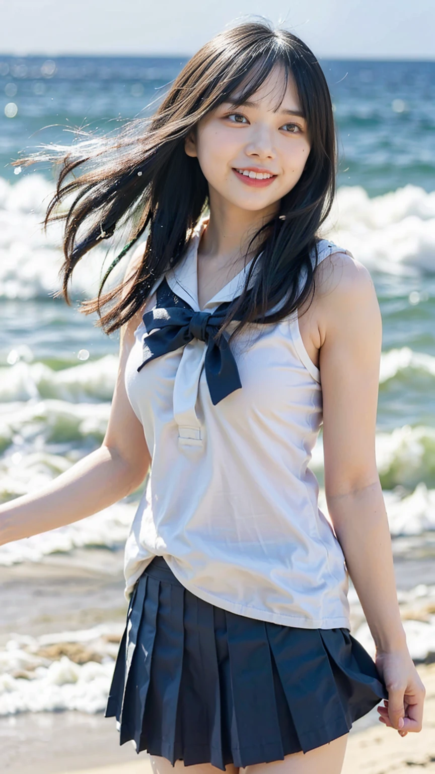 (((Top-down configuration:1.33)))、((No underwear:1.55))、One Girl、Beautiful and detailed eyes and face、barefoot、20 year old cute Japan woman, ((Extremely precise and accurate anatomy:1.0)), (photo Realistic:1.4), (hyper Realistic:1.4), (最高品質のRealisticな肌の質感:1.4), (Improvement of quality:1.4), (Enhances the beauty of skin texture:1.1), Clean and glowing skin, mesh, thin:1.2, (Realistic:1.3), Realisticなライティング, (Smoother lighting:1.05), (Improving the quality of cinema lighting:0.9), Backlight, A gentle light shining on your face, Ray Tracing, (Bright light:1.2), 32k, One Japanese woman, fine grain, Detailed face, (Film Grain:1.1),(Accentuates body lines:1.1), High resolution, Natural look, Kind eyes, Improves hair quality, Delicate light and shadow, Transparent muscle, Graceful pose, Beautiful Eyes, Sharp details, Soft light reflection, Beautiful contours, Delicate skin tone, Fine hair texture, Natural background, (((sunny day、Beach、A strong wind is blowing、Her hair and skirt are flying、Squat, Traditional navy blue sailor uniform、Open shirt、Pleated skirt、Scooping seawater with hands:1.25、splash、Sandy Beach、Light of the sun、clear blue sea、The waves crash quietly、Blue sky and white clouds、green mountain々、Beautiful Nature、The joy of youth)))、