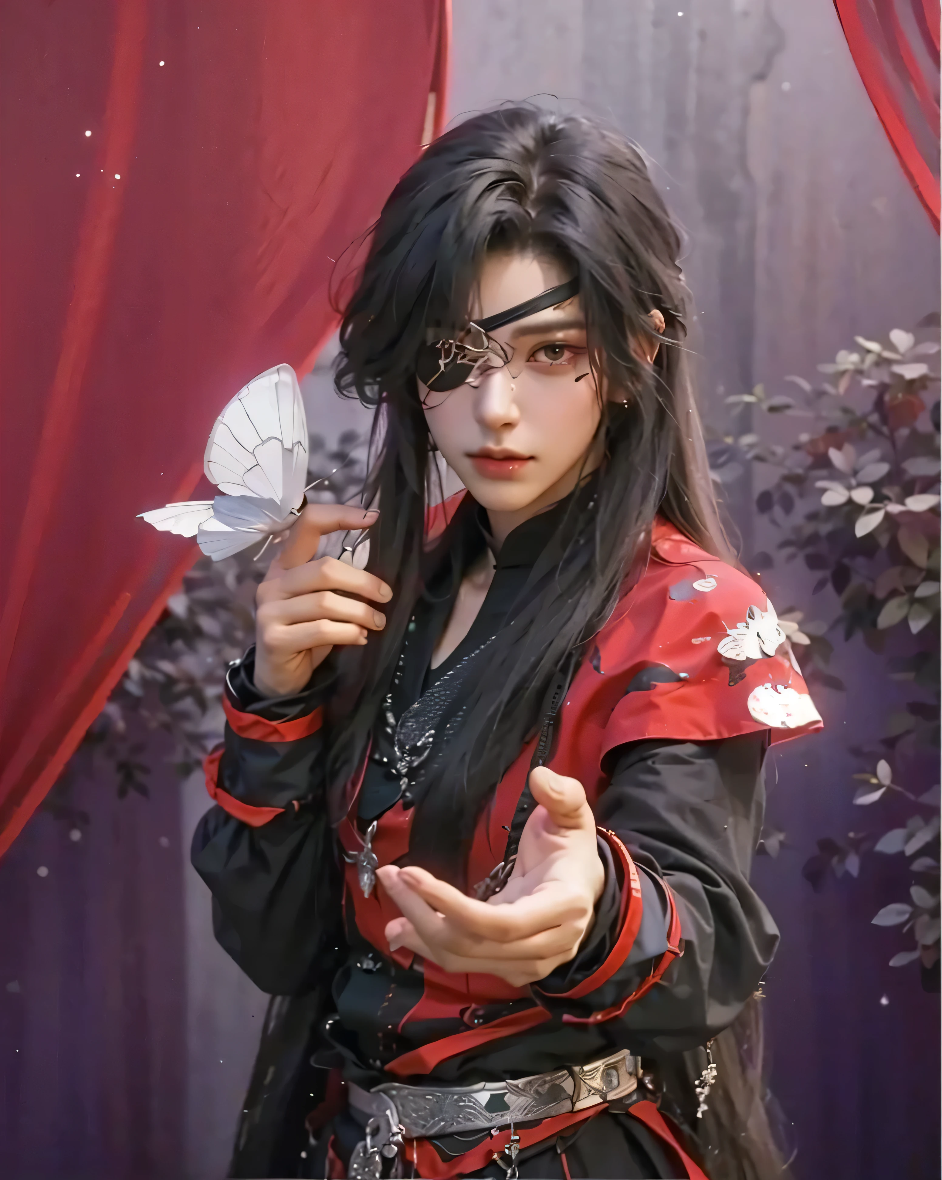 ((HUA CHENG),((realistic, photorealistic)),(highlight hair)), Light reflection, (( HD )),((upper body)), (((best quality, masterpiece))), (masterpiece) (best quality) (detail) (8k) (HDR) (wallpaper) (cinematic lighting) (sharp focuasterpiece, best quality: 1.1), Real life adaption of this character, Shining Purple eyes, realistic outfit, realistic shadow, realistic light, realism, hyper realistic, realistic background,(photorealistic:1.2), (Masterpiece:1.4), (best quality:1.2), hua cheng, 1boy, male focus, eyepatch, chinese clothes, jewelry, long hair, holding umbrella, closed mouth, looking at viewer, indoors, night, starry sky,White butterfly,
