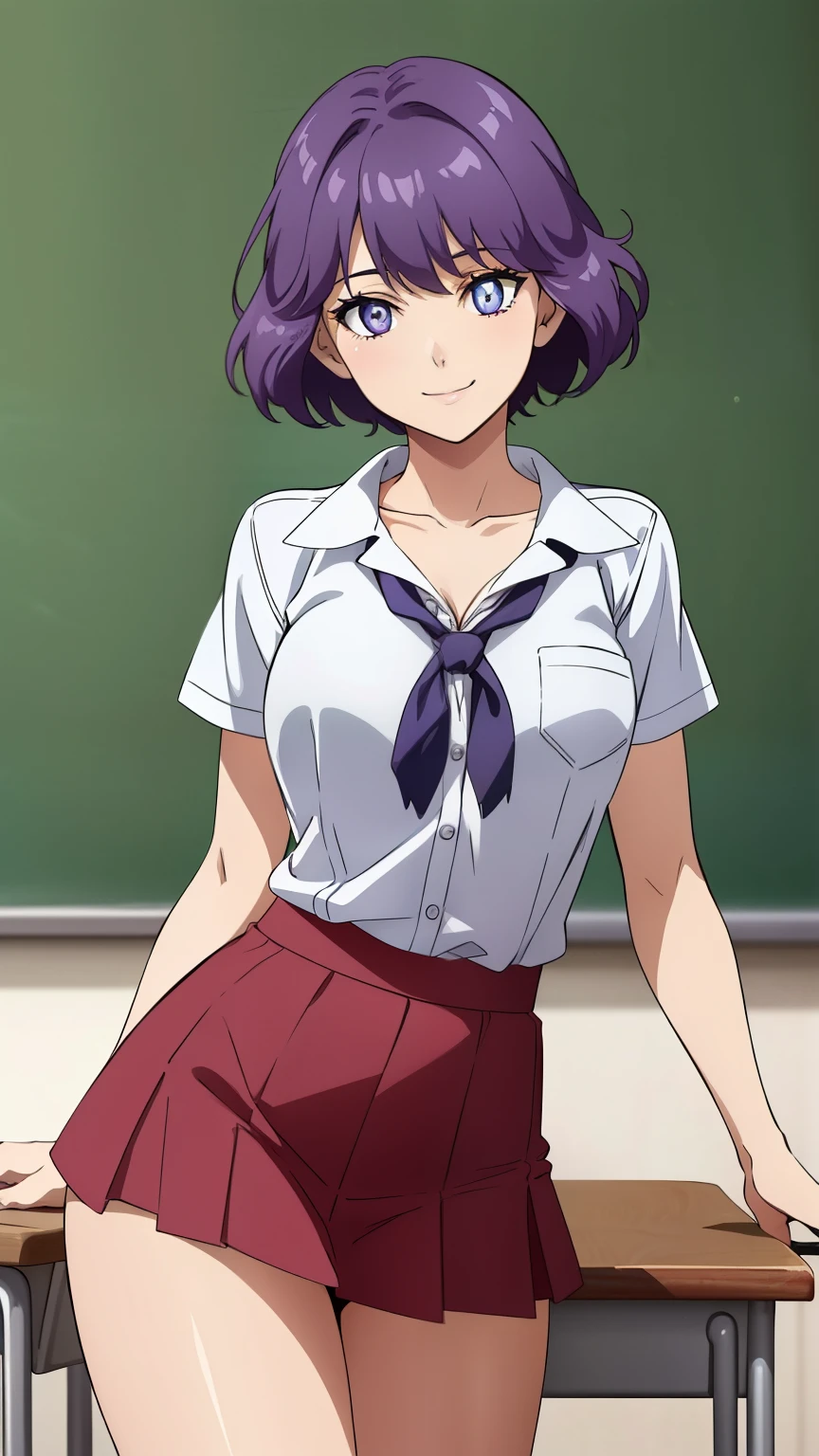 (Top quality, masterpiece, 8k), (Realistic skin texture), (anime coloring), Very detailed, very detailed, beautiful eyes, perfect eyes, detailed eyes, feature large highlight, perfect face, detailed face, ultra-detailed, detailed eyes, symmetrical eyes, (dynamic angle), sharp details, Dorothy, 1girl,  short hair, purple eyes, beautiful eyes, purple hair, (((short))),  (happy), (smile), solo, (small breast), (slim), (slender), (School uniform, white Y-shirt, short sleeves, collarbone, mini skirt, thighs, classroom), (cowboy shot:1.4), looking at the viewer, in the center of the image, sexy poses, dynamic angles,