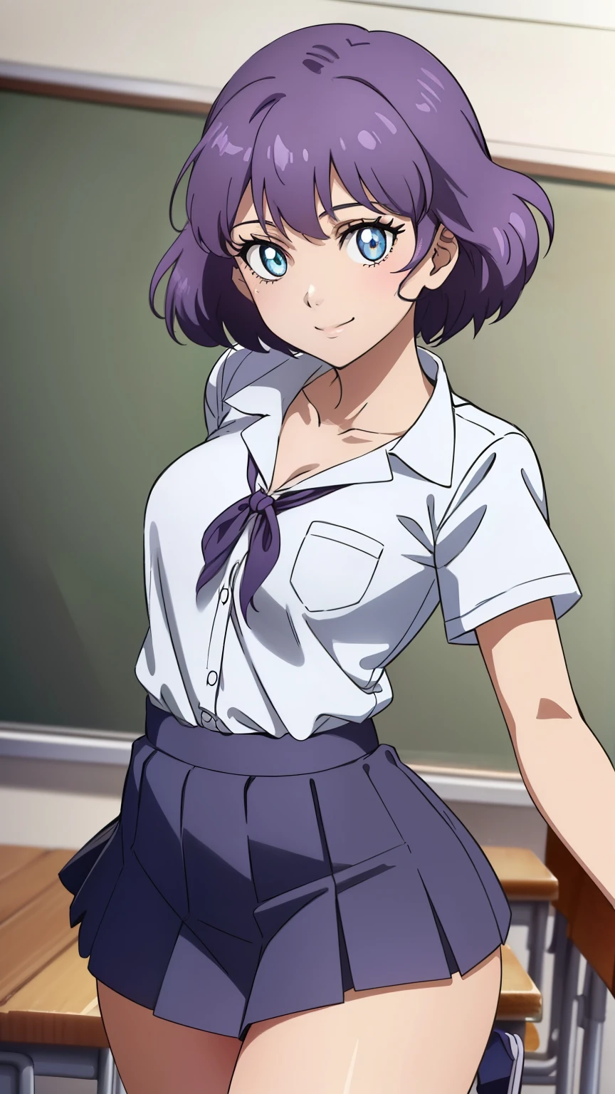 (Top quality, masterpiece, 8k), (Realistic skin texture), (anime coloring), Very detailed, very detailed, beautiful eyes, perfect eyes, detailed eyes, feature large highlight, perfect face, detailed face, ultra-detailed, detailed eyes, symmetrical eyes, (dynamic angle), sharp details, Dorothy, 1girl, short hair, purple eyes, beautiful eyes, purple hair, (((short))), (happy), (smile), solo, (small breast), (slim), (slender), (School uniform, white Y-shirt, short sleeves, collarbone, mini skirt, thighs, classroom), (cowboy shot:1.4), looking at the viewer, in the center of the image, sexy poses, dynamic angles,