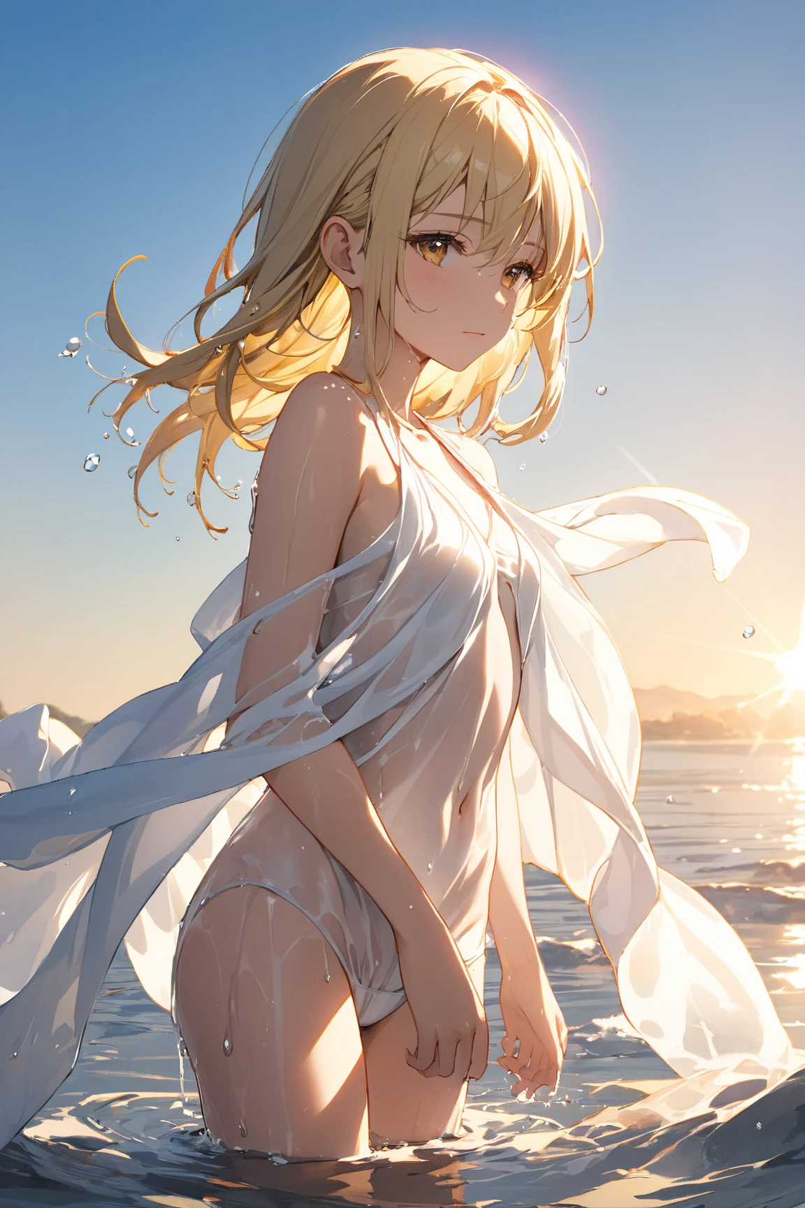 hiten kei style, claude monet, oil painting, masterpiece, best quality, 1girl, city pop, beach, blue sky, looking at another, topless, cowboy shot, vector illustration, nipples, light smile, blunt bangs, long hair, stomach, navel, bare shoulders, blonde, ponytail, blue eyes, happy