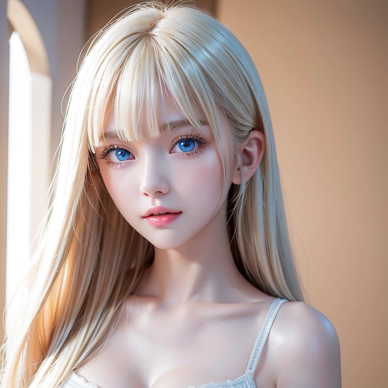 Portrait、、Bright expression、Young, lustrous, glowing, white skin、The best beauty、Blonde reflection、piper peri , Platinum blonde hair with dazzling highlights、Shiny and shiny hair,、Super long silky straight hair、Shiny beautiful bangs、Big, bright, light blue eyes that shine beautifully、Very big eyes、Very beautiful nice cute 15 year old beautiful girl、Ample Bust、The skin is delicate,Head up,Giant Mouth,look at me,((full throat),((breathe)),(Throat),Sweat,Interrupt),the dress is dripping,super low neck dress,No underwear,Pantyless,Water spray、bangs over eyes、片bangs over eyes、Bangs between the eyes、Small Face Beauty、Cheek gloss highlighter、Small Face Beauty、Round face