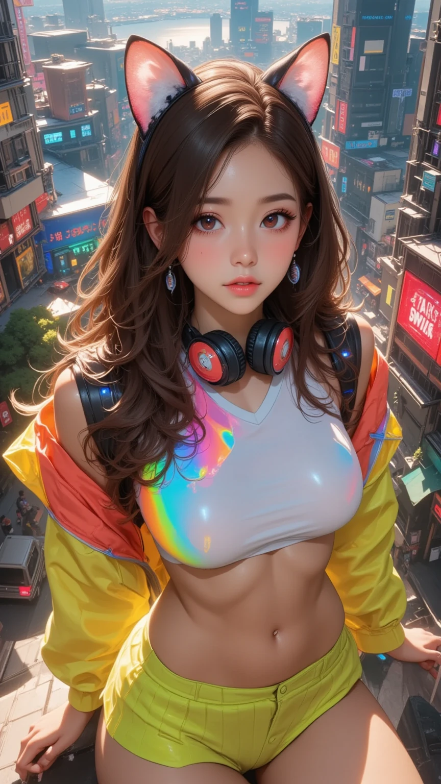 masterpiece, highest quality, Very detailed, 8k, RAW Photos, Realistic, One Girl, alone, Rim Light, Very detailed face, (Contrasting:1.1), Shoot from the front, (head shot:1.6), Upper Body, smile, Amazingly cute young Russian girl, Droopy eyes, pale pink plump lips, Light brown straight medium hair、With bangs, Light brown thin eyebrows, Oily skin, Wet Skin, Wearing an ivory and pink cyberpunk style bikini and jacket, Put on some high-tech headphones, Mid-chest, Cyberpunk city residential area, thunderclouds in the sky, Midsummer、Nipples are visible