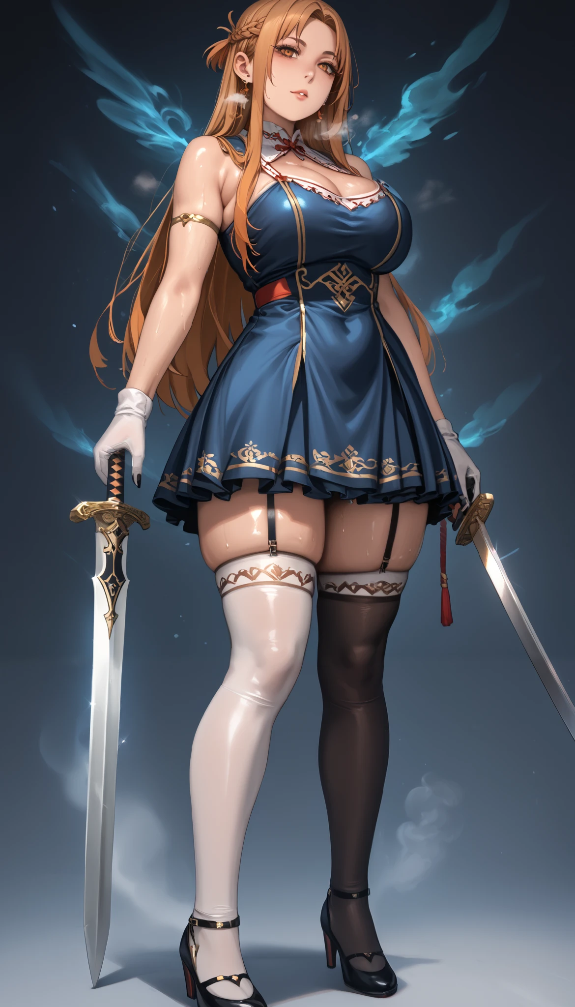 score_9, score_8_up, score_7_up, score_6_up, uncensored, Yuuki Asuna, absurdly long hair, orange eyes, orange hair, very long hair, anime coloring, anime screencap, shiny skin, (voluptuous:1.3), (thick:1.3), BREAK UHD, retina, masterpiece, accurate, anatomically correct, textured skin, super detail, high details, high quality, award winning, best quality, highres, 4K, black nails, makeup, eyelashes, excessive sweating, sweating, sweating drop, (gasping, heavy breathing:1.3), (skindentation:1.2), perfect eyes, beautiful eyes, eyelashes, makeup, detailed body, perfect body, BREAK, 1girl, weapon, sword, thighhighs, solo, full_body, standing, dress, holding_weapon, gloves, holding, short_dress, looking_at_viewer, earrings, cleavage, white_legwear, (aura:1.2)