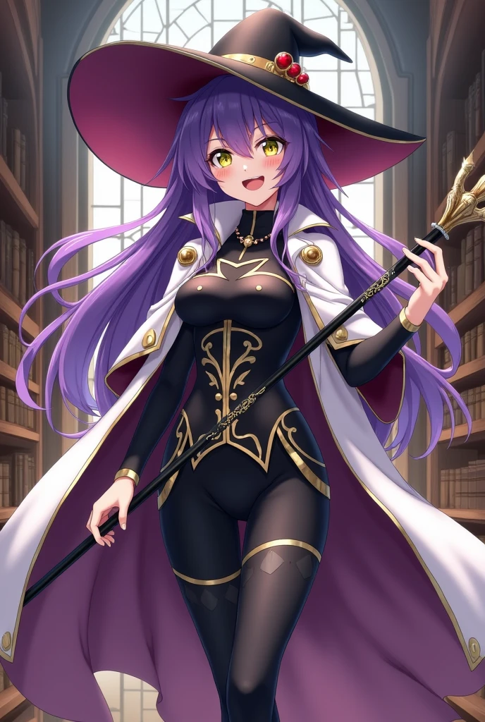 1girl, checkered background, cowboy shot, very red skin, purple eyes, very long hair, side braid, wide hips, wizard hat, thighhighs, front-tie top, chaps, gauntlets, thin waist, toned, large breasts, purple hair