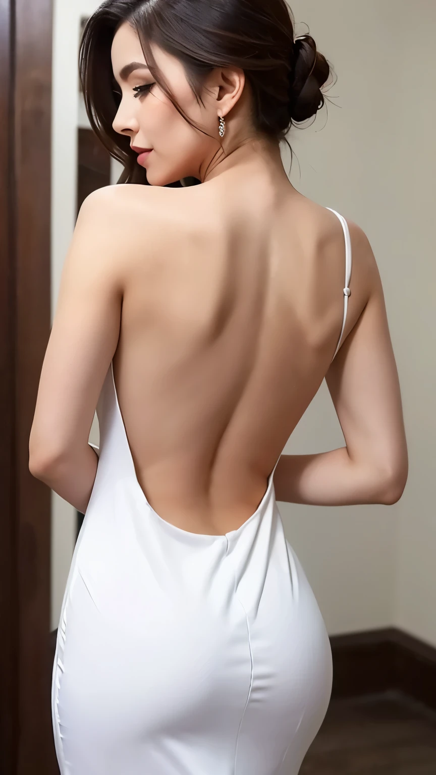 (Best Quality, Masterpiece, Photo realistic, Ultra Detailed, ultra high res, raw:1.3), (1girl, pretty, Japanese), big breasts, big hips, double eyelids, bangs, smile, silky dress, (from behind), (ButtCrack, bare hips)