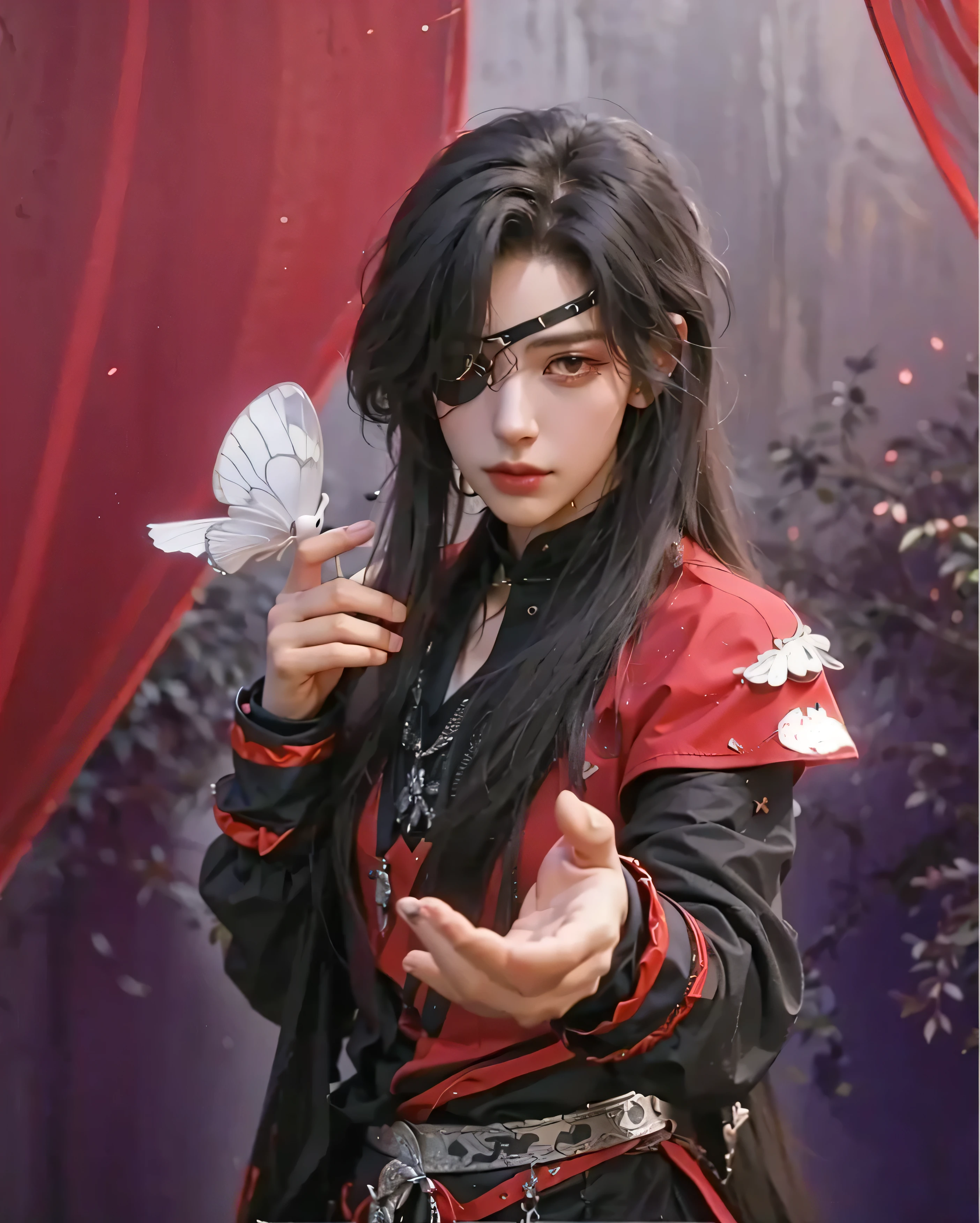 ((HUA CHENG),((realistic, photorealistic)),(highlight hair)), Light reflection, (( HD )),((upper body)), (((best quality, masterpiece))), (masterpiece) (best quality) (detail) (8k) (HDR) (wallpaper) (cinematic lighting) (sharp focuasterpiece, best quality: 1.1), Real life adaption of this character, Shining Purple eyes, realistic outfit, realistic shadow, realistic light, realism, hyper realistic, realistic background,(photorealistic:1.2), (Masterpiece:1.4), (best quality:1.2), hua cheng, 1boy, male focus, eyepatch, chinese clothes, jewelry, long hair, holding umbrella, closed mouth, looking at viewer, indoors, night, starry sky,White butterfly,