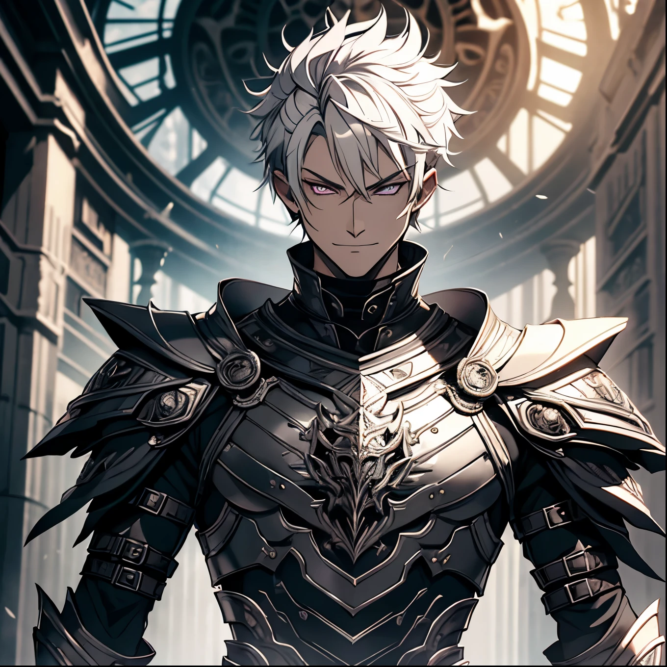 A grown man alone. male. age 25 years. height 1,75. whole body. short white hair . short hair. Armadura leve de luta cor Black, Black, armadura na cor Black, with . haughty look. bright purple eyes . detailed eyes . gloomy countenance, smiling. dynamic pose . Tribal body tattoos