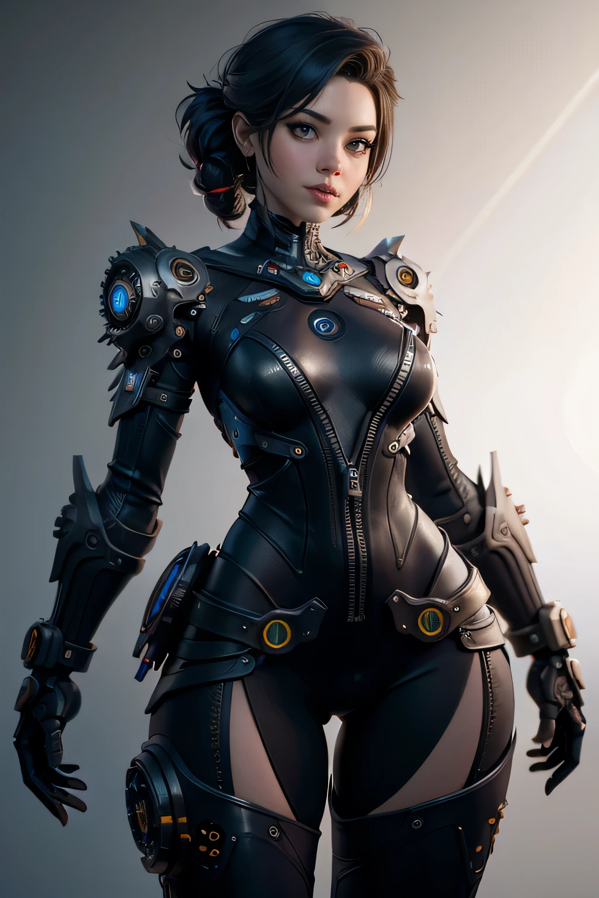 Woman futuristic costume , cyberpunk, magnificent anatomy , Dynamic pose, face to the camera, gears and bolts , mechanical engineering , composition epic character, Natural lighting, ultra resolution , plain white background , without patterns, No textures.