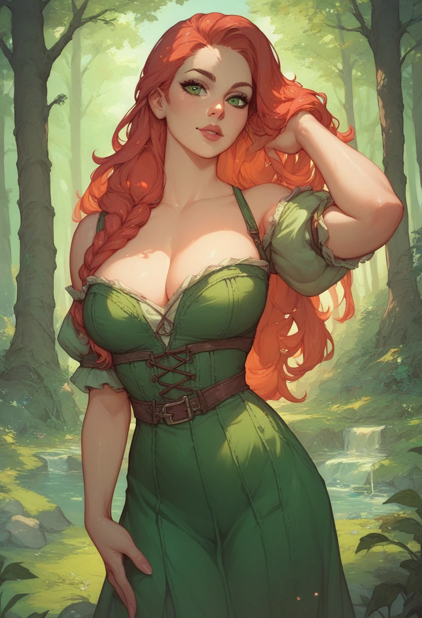 one girl, solo, 18-year-old red hair beauty, green eyes, fair skin, cleavage, large breast, beauty mark, carefree demeanor, delicate frame, hair upsweep updo, her hair is framing her heart-shaped face, eyes hold a sparkle of excitement, wonderful smile, (perfect anatomy), perfect hands, perfect face, perfect eyes, corset, bare shoulders, green dress, jewelry, ((Seductive pose)) (cinematic lighting, perfect lighting), (cinematic angle), (vivid colors), very detailed. very high resolution, sunset, realism, farm, 1980s western setting