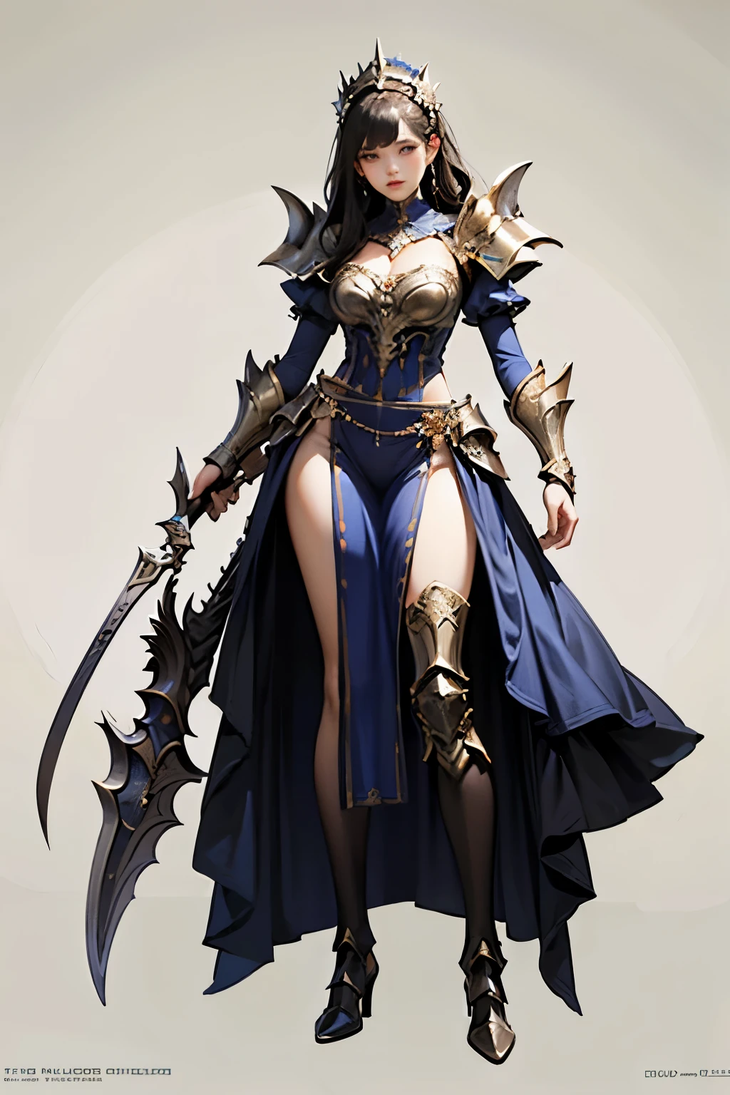 full-body fantasy themed artwork, woman, excellently designed unique weapon and armored outfit