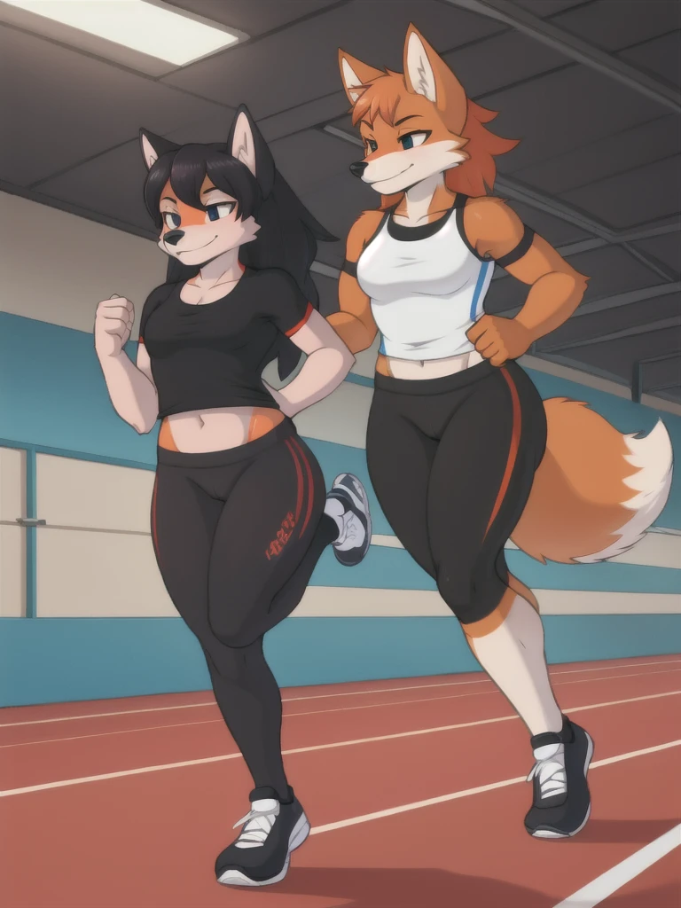 Furry, fox, female, black shirt, black leggings, shoes, running track, friends, full body