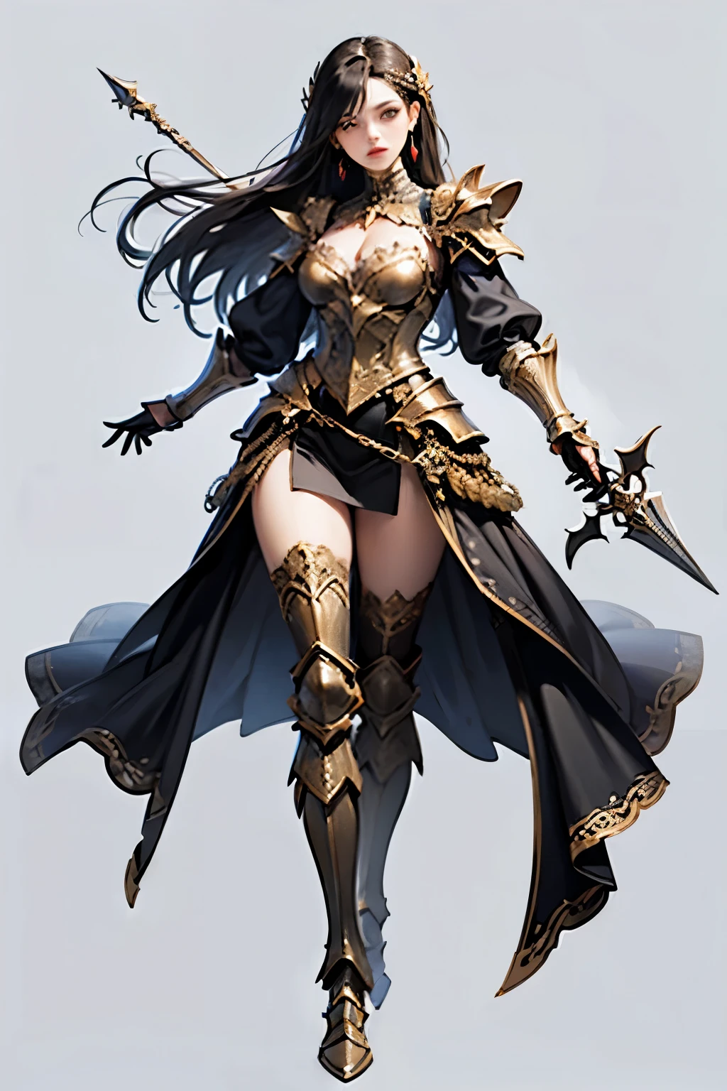 full-body fantasy themed artwork, woman, excellently designed unique weapon and armored outfit 
