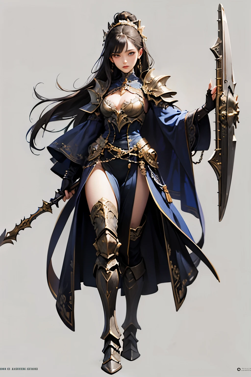 full-body fantasy themed artwork, woman, excellently designed unique weapon and armored outfit 