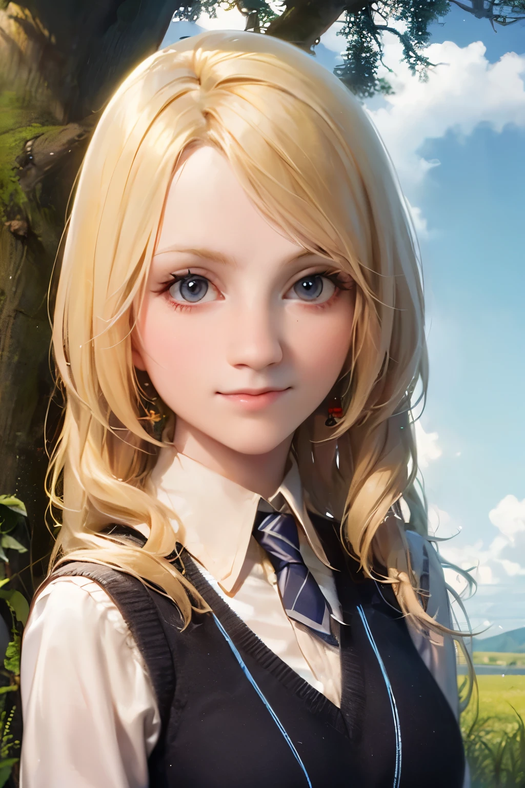 a girl standing in a field, blonde hair, radiant smile, whimsical expression, beautiful detailed eyes, beautiful detailed lips, extremely detailed face, long eyelashes, wearing a colorful flowing dress, fantasy magical realism style, glowing ethereal lighting, vibrant nature environment, lush green grass, blue sky with wispy clouds, golden hour warm tones, (best quality,4k,8k,highres,masterpiece:1.2),ultra-detailed,(realistic,photorealistic,photo-realistic:1.37) De pie con pelo largo