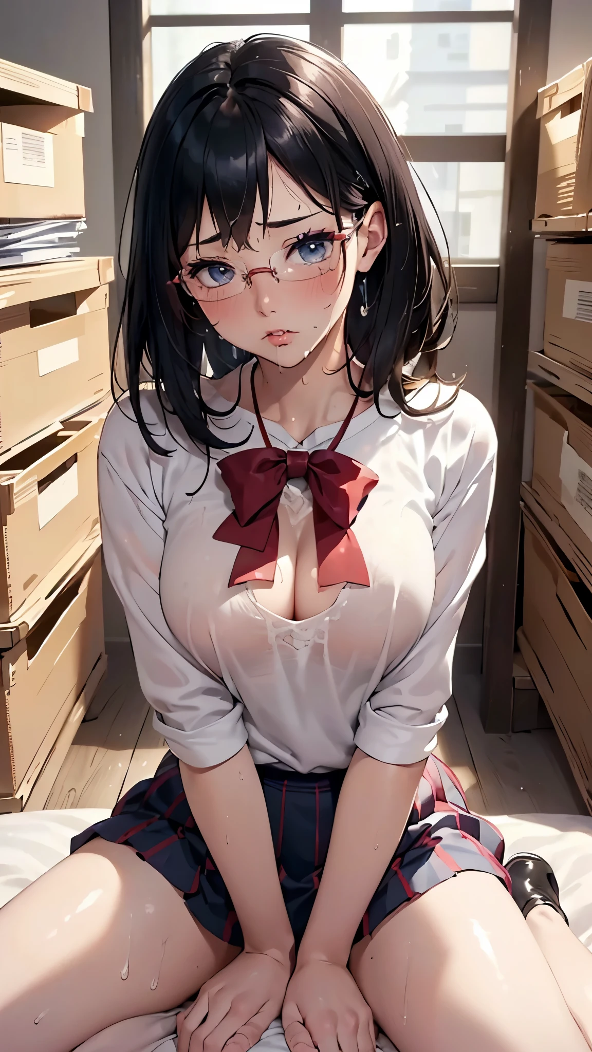(Masterpiece: 1.3), ( max resolution: 1.2), (     ultra HD TV     : 1.2), Cinematic Light,   8k resolution,  detailed facial features ,(   Sharp Concentration : 1.2）,   beautiful faces, Acura, The exact structure of the human body ,   around your neck with high-definition facial and skin textures,  beautiful eyes,  beautiful eyes,   big , Thin Eyebrow Boots ,growing skin, (  glossy lips:1.4), Small Breasts、 perfect style 、   delicate embroidered innerwear for lying on the bed  ,   white panties  、  white bra、Exposed chest、 soft breasts、Sweaty chest、  restless expression   、 Express disgust 、   Embarrassing Expression  、anger、sorrow、tears、（ open crotch :1.5）、Displeased、 expressionless、Dirty clothes、   sweaty  、Age 25、 black hair、beautiful and clean lady 、1 person, beautiful eyes、Dimly lit gym storeroom,(High School Uniform:1.2)、  white blouse、 red ribbon、 navy blue jacket 、 Look Away、 hide her crotch with her hands、Sperm on thighs、beautiful and clean lady   、 Kiyomizu Kiyoko、Glasses、 angle from an oblique direction、 little chest、 short hair、Full body portrait、
