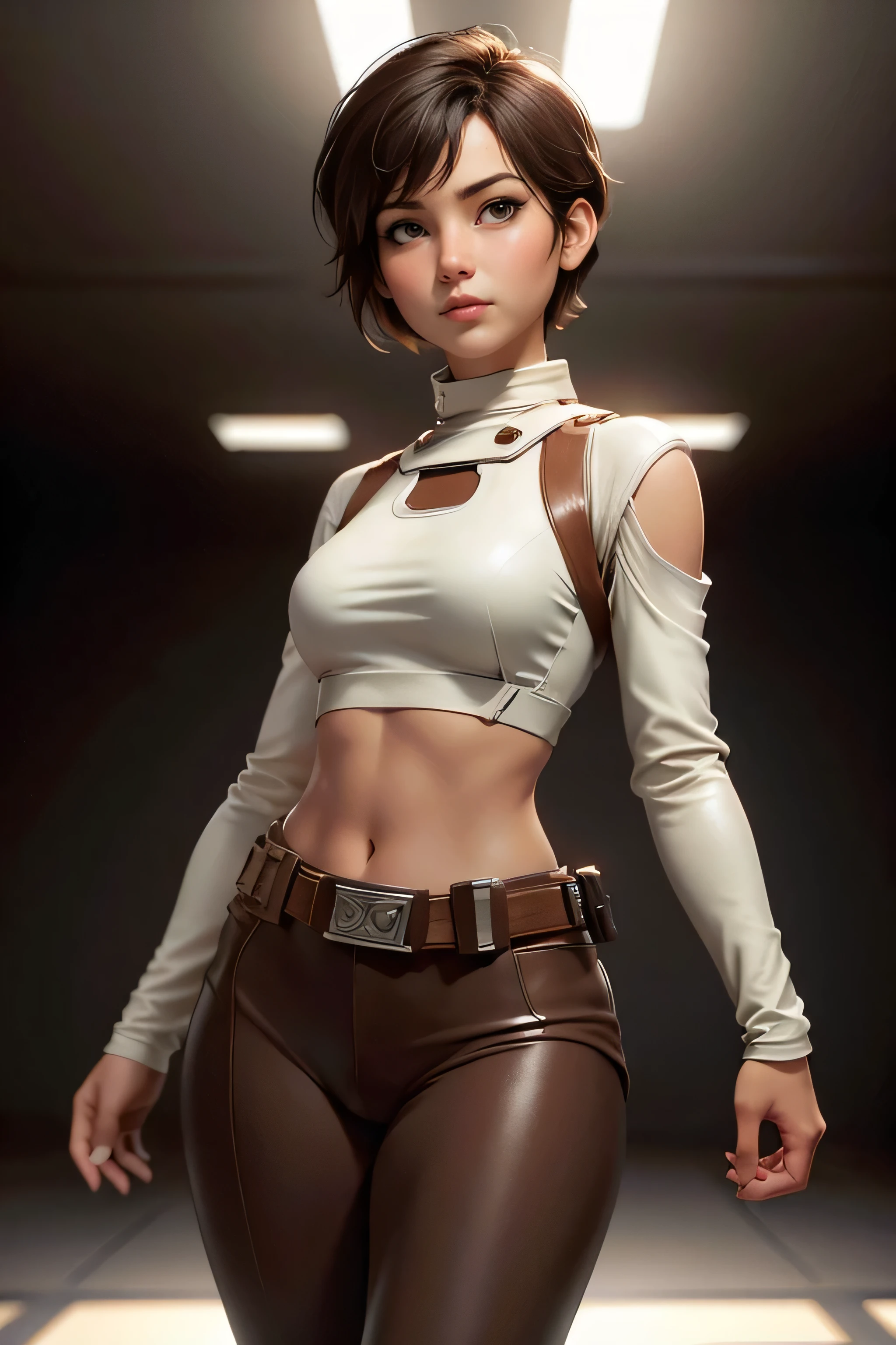 Star Wars , short hair , brown eyes, Confident and determined , firm stance, safe expression, wears tight brown leather leggings with belt, natural lighting , ultra resolution , plain white background , without patterns, No textures.