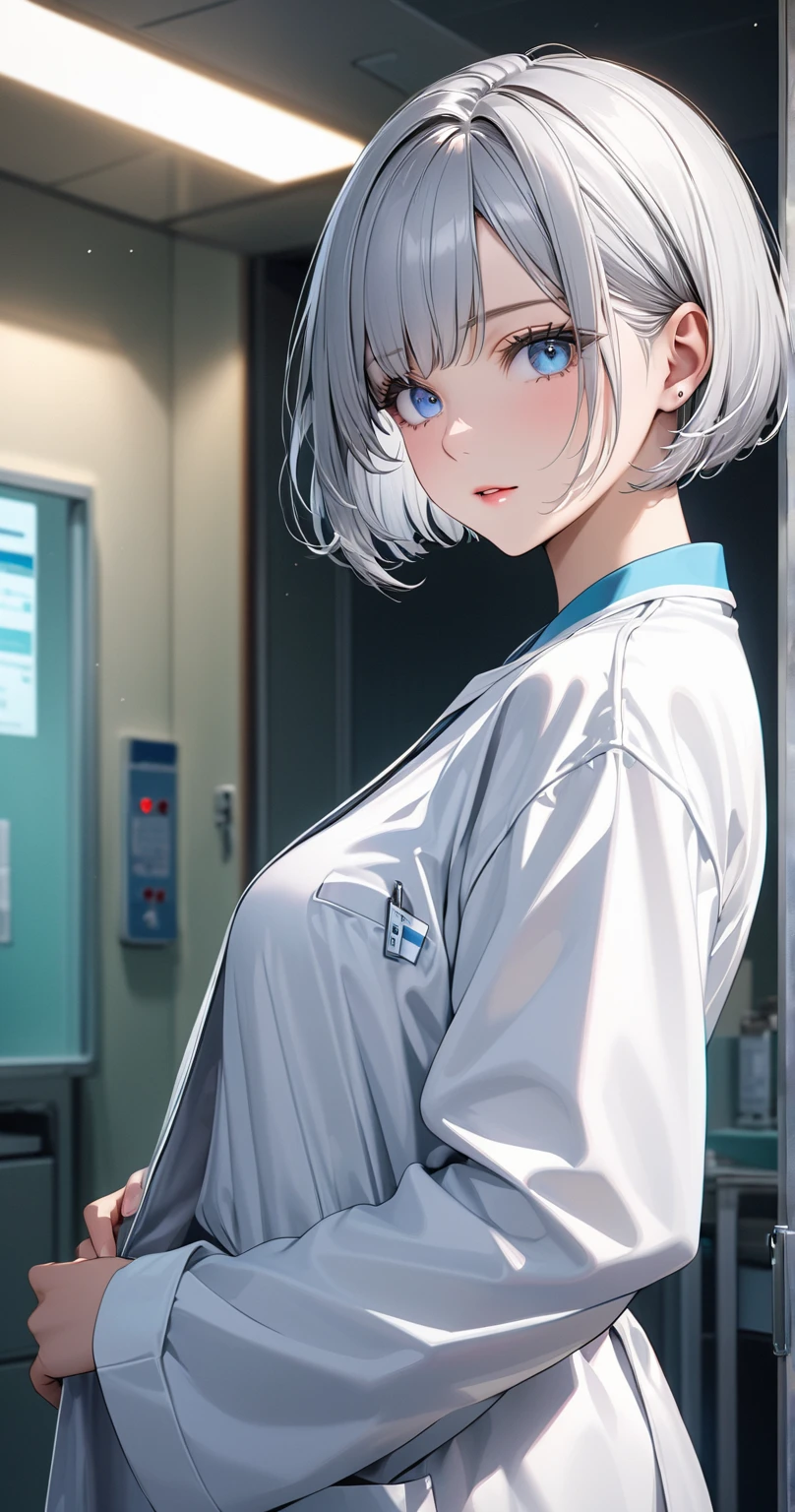 hospitals、nurse、short-cut、summer clothing、Backlight illumination、Whole whitish、Looking at the camera