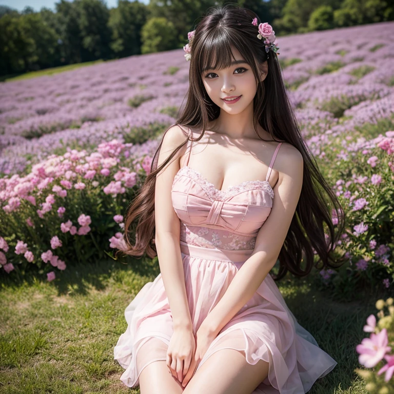 laughing out loud,Dress conservatively,2,cute,Wear dresses,girl next door,outdoor,(knee shot), 1 woman, On the face, light brown hair, blunt bangs, hair behind ears, Hair over the shoulders, long hair, Slender body type, Super thin face, face slimming, delicate lips, beautiful eyes, Thin blush, Eyes are light brown,Check it out here, (realistic:1.3), On Sakura Avenue, One person's perspective, 8k, Super detailed, high quality, best quality, High resolution,(masterpiece))、(top quality)、8k、high detail、Super detailed,Seductive and whimsical style、masterpiece、born、Scenes resembling fairy tale illustrations、Intricate details and complex designs、Beautifully、magic、capricious、 Beautifully、Dream aesthetics、「𝓡𝓸𝓶𝓪𝓷𝓽𝓲𝓬、ethereal、charming、fickle、magic」、Realism、Visual effects、FXAA、SSAO、Shaders、voiceless、ambient lighting、Tone mapping、High resolution、Ultra high quality、Million pixels、(8k resolution:1.10)、8k、Below 8K、8k resolution、high detail、intricate details, (high quality:1.2、masterpiece:1.2、:1.21)、(female:1.21)、(Smile excitedly)、(full-body shot,Normal 2 feet,Put your hands behind you,Large Breasts,