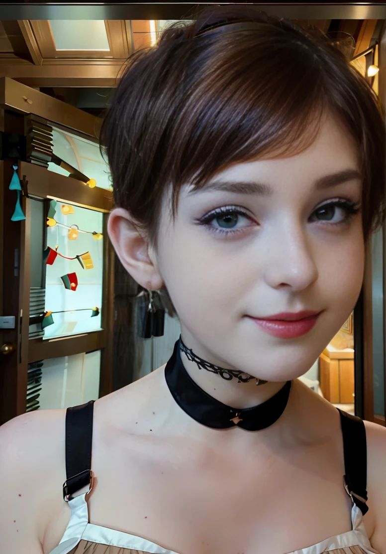 ((Long diamond earrings:1.2)), ((NECK CHOKER)), ((GOTHIC BLACK EYELASHES & LIPS)), ((BLACK LIPS)), ((shorthaircut:1.3)), adorable, 1 girl, (face to face), , baby face, happy, half body portrait, (face details: 1), (eye details: 1), ((tiny breasts)). ((croptank "IRON MAIDEN" logo)), ((net stockings)), lingerie