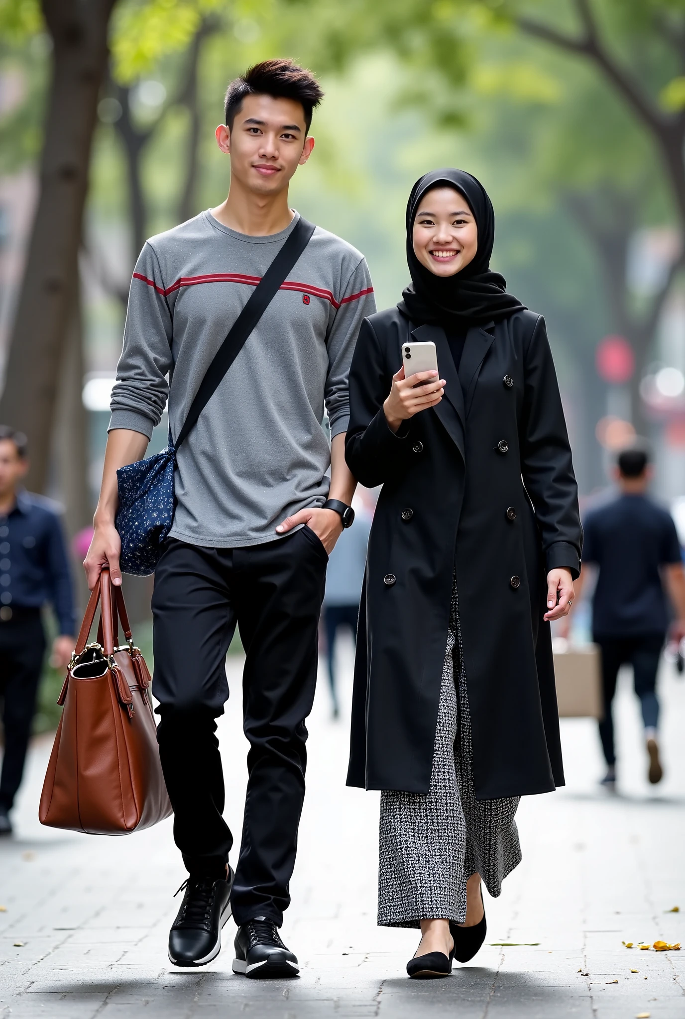 the entire body, wide shot, cinematic portrait of a very short-haired handsome Indonesian man wearing boots smiling, walking hand in hand with a beautiful Indonesian woman wearing a hijab, carrying a backpack, with their backs to the train while at the Yunokomi station with cherry blossoms, spring at the station, bokeh background, smiling face looking at the camera, realistic