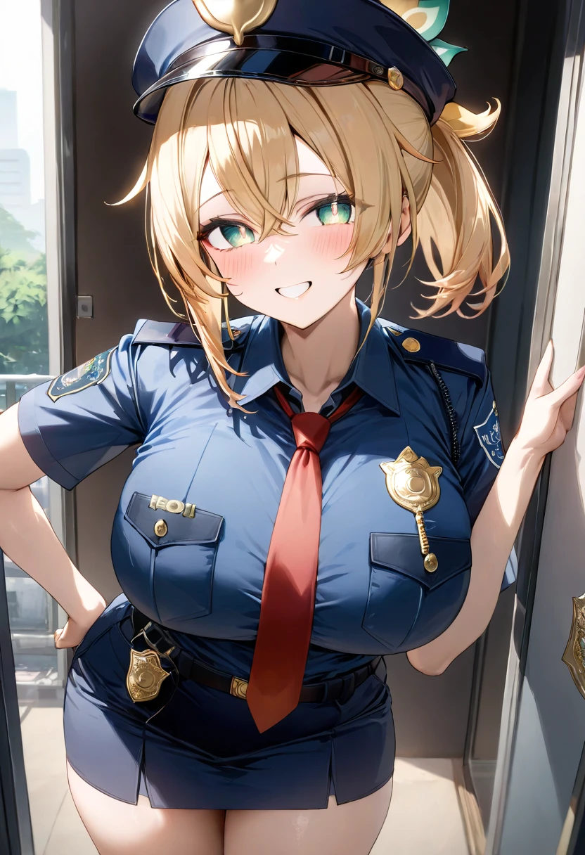 Girl, policewoman, short yellow hair, blue eyes, big breasts, exposed stomach, tight shorts, beauty, seductive