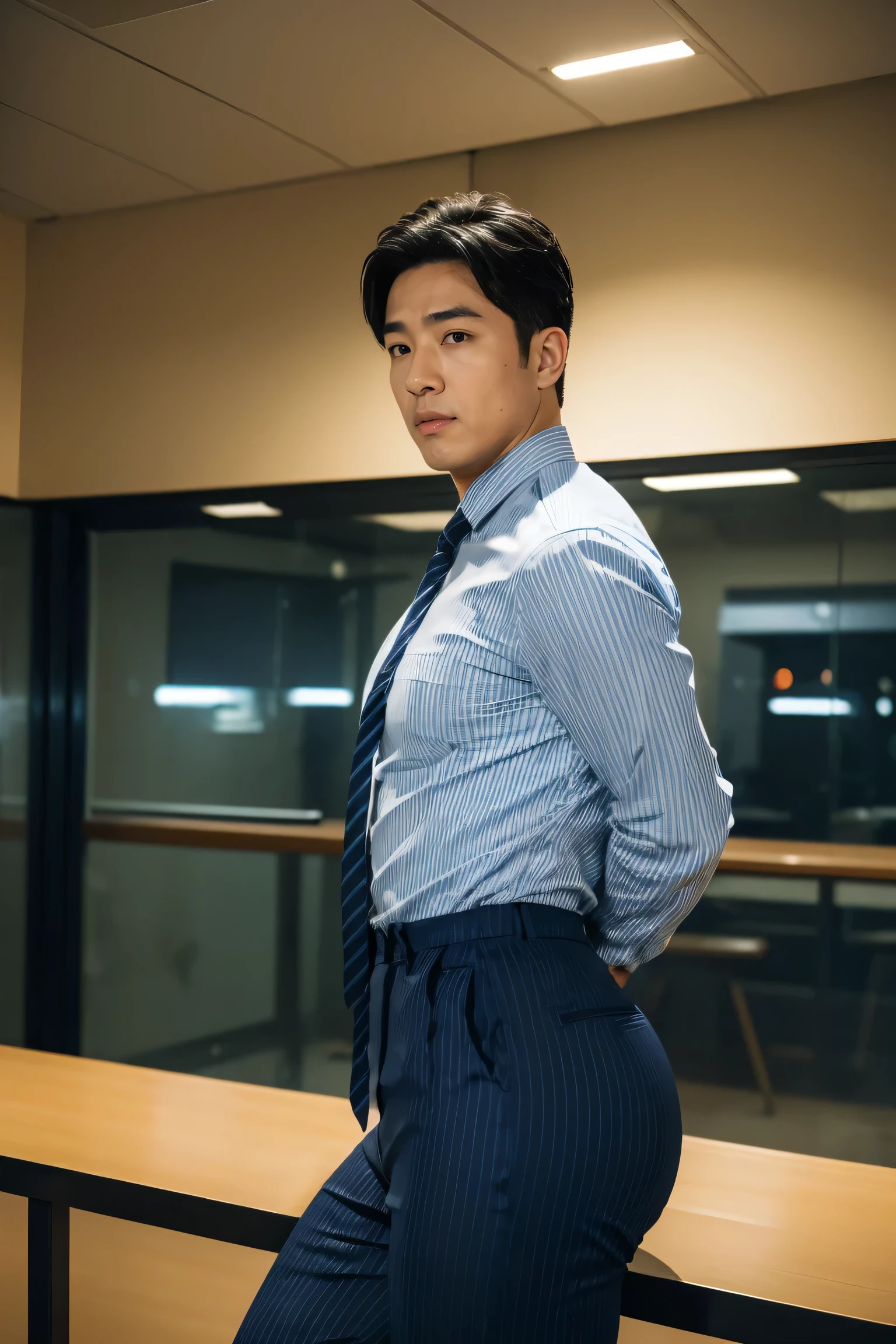 40-year-old boy ,Korean bulky male officer ,Wear navy blue police uniform shirt................ pinstripe navy blue smooth tight trouser, transparent pants obvious underwear print ,((unrealistic super big tight butt wearing pants)), legs wide open, legs on shoulder, missionary POV, men drooling ,8K,Cinematic lighting effects,Textured skin,best qualtiy