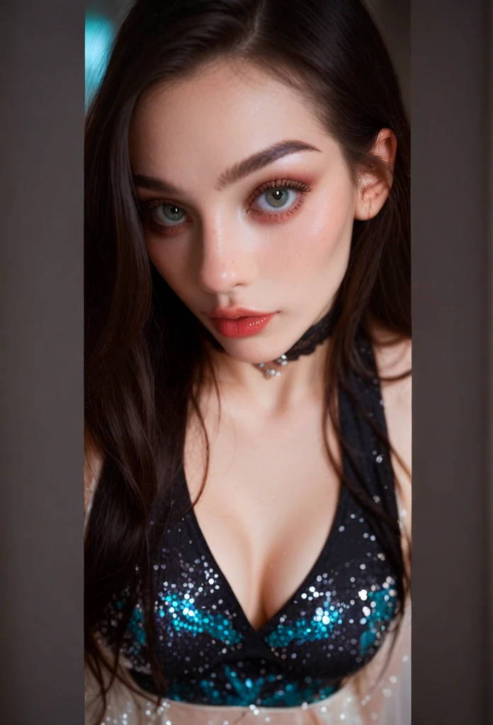 Vulnerable Young female long black hair white semi-sheer dress close up portrait view