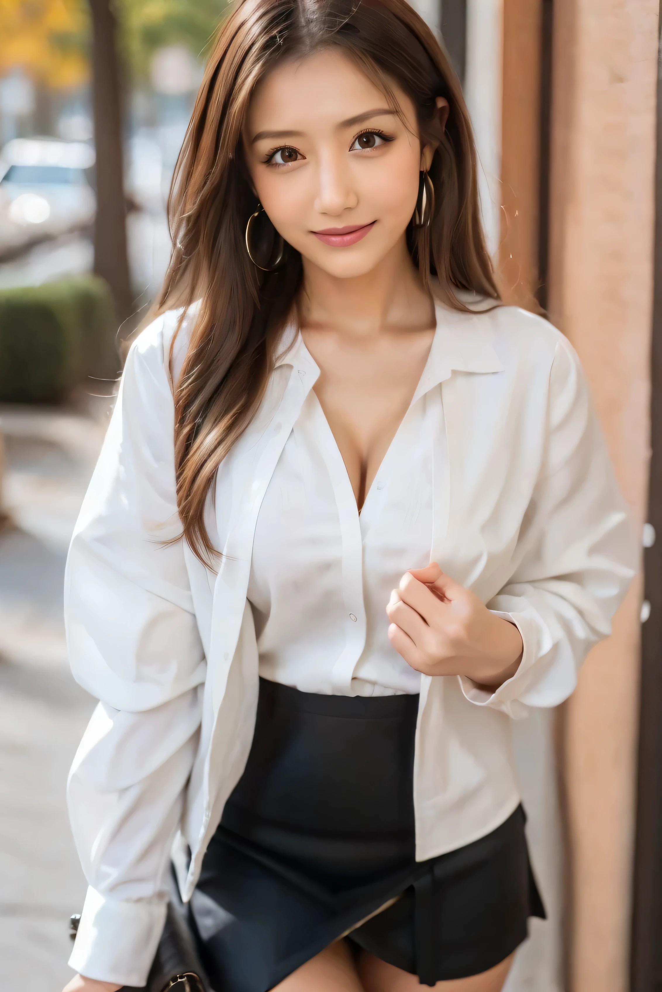 ((High-definition images, masterpiece, atmospheric perspective, 8K, Super detailed, Accurate, highest quality, single shot)), (casual style), Jacket, unbuttoned shirt, swollen areole, (round face, realistic eye size, droopy eyes, blush, smile), (((legs to head  ))), (in the night), blonde  hair, small earrings, thin necklace, (light makeup), mini skirt、hand in panties、白いパンティー