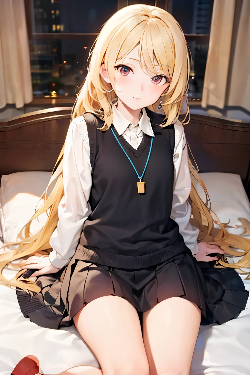 Top quality，Ultra-detailed CG art，big eyes，masterpiece, Exposing the whole body，1 Girl，Girl，short and small，Flirty，Red eyes， Blonde long hair, Wear a white blouse，Wearing a black pleated skirt，White fat，Lying on the bed with bare shoulders, bedroom, Shy, blush,exposed，White pantyhose，No shoes，Show your toes