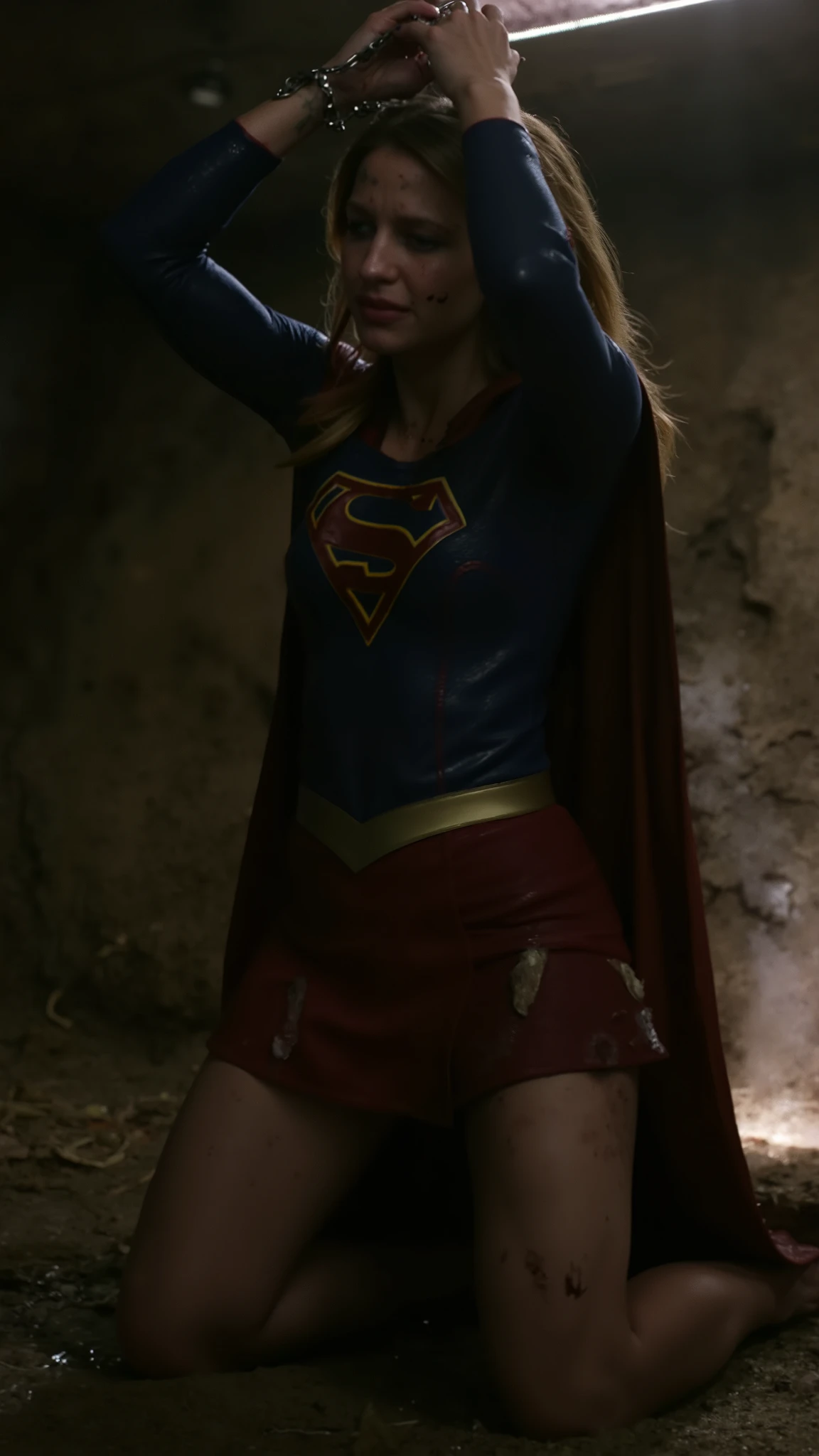 a handcuffed super girl getting raped by an evil squirting, space, space ship, futuristic, bdsm, bondage, , , forced, sexual intercourse, handcuffed, restrained, tattered red skirt, (Melissa Benoist face), eyes close, unconsciousness, faint,