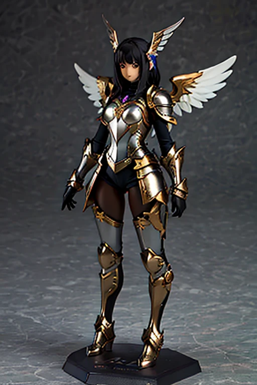 a woman in a gold and black outfit with wings, angel knight woman, angel in plastic armor, angelic golden armor, angel knight gothic woman, armor angle with wing, full - body majestic angel, as a mystical valkyrie, mystical valkyrie, anime goddess, 2. 5 d cgi anime fantasy artwork, unreal engine render + a goddess