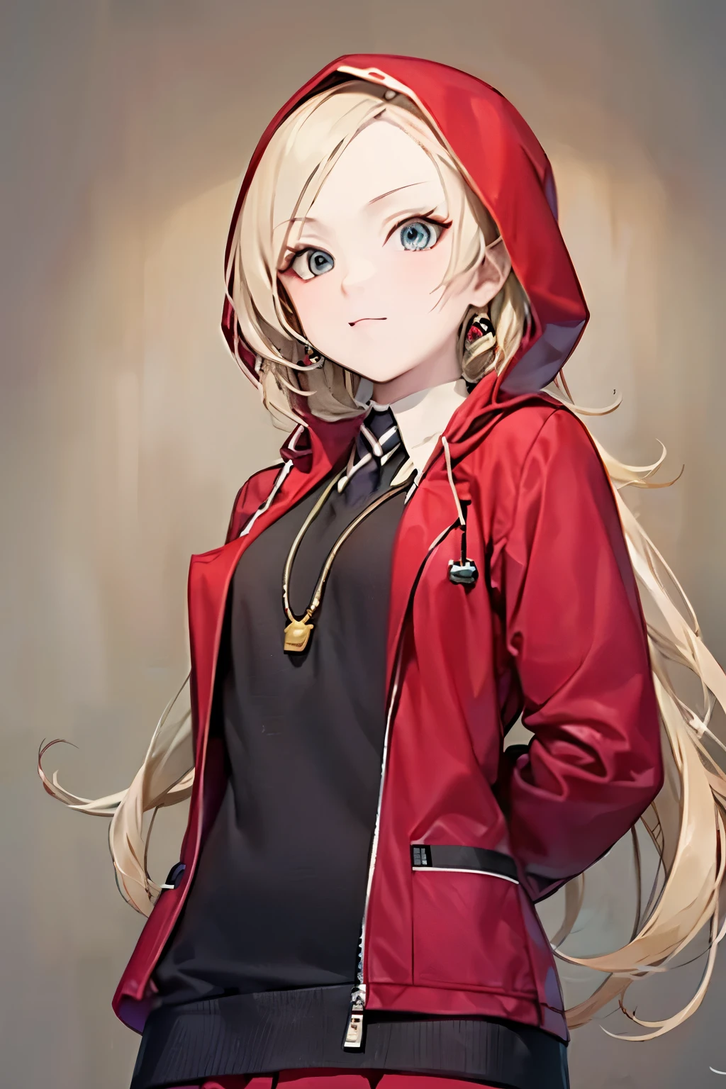 An anime-style game character of a  girl who wears a red hood that covers her entire body.